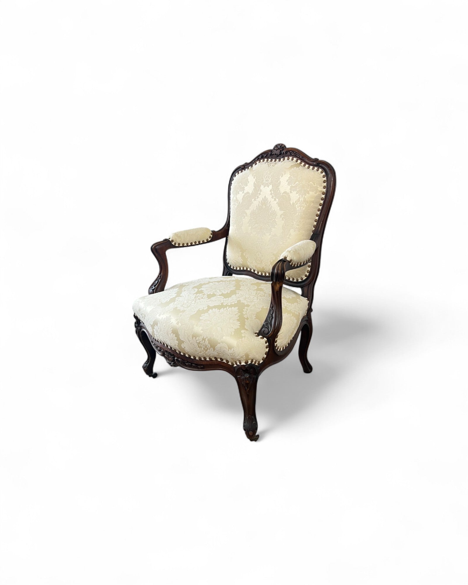 Cream Damask Upholstered Walnut French Louis XV Armchairs