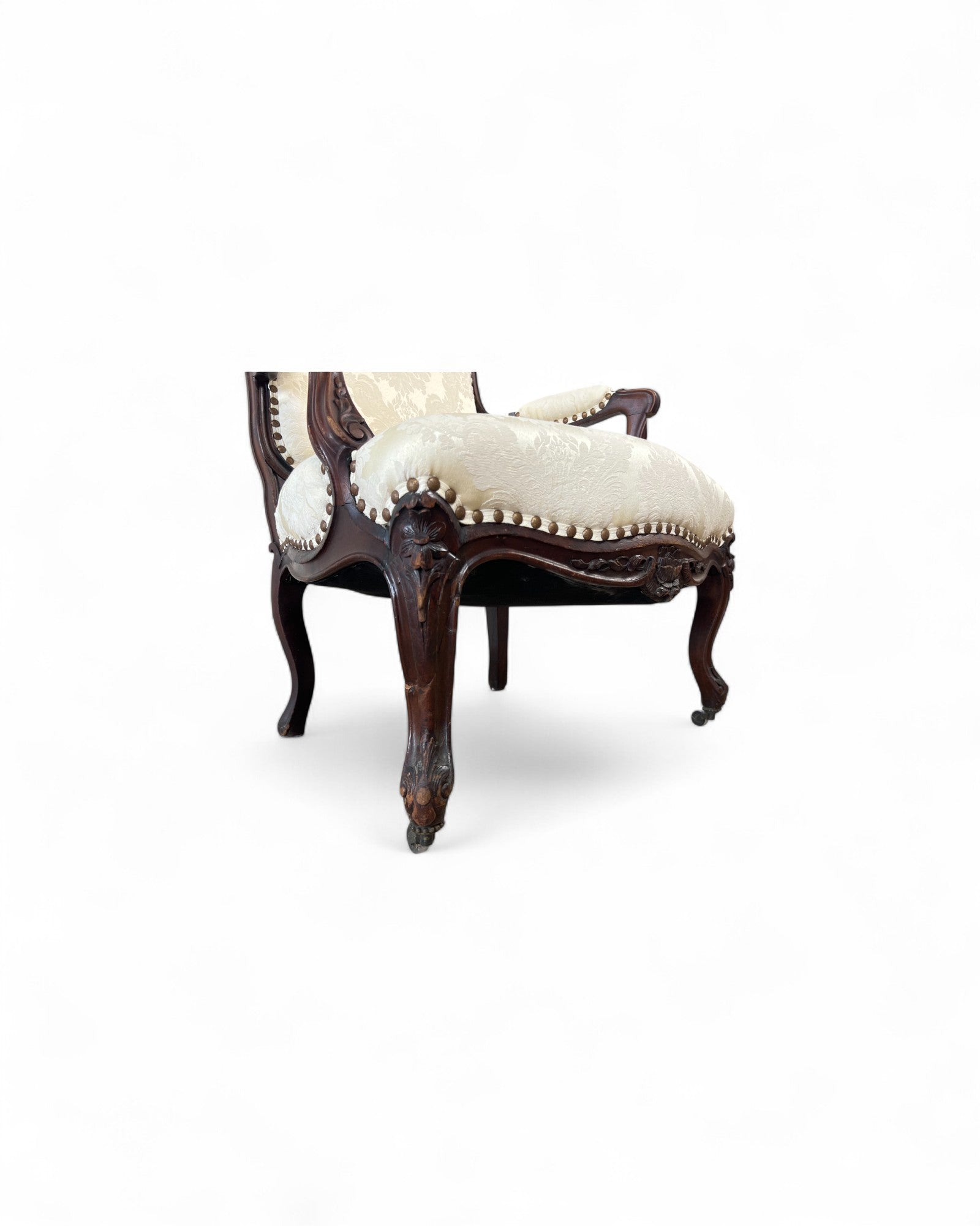 Cream Damask Upholstered Walnut French Louis XV Armchairs