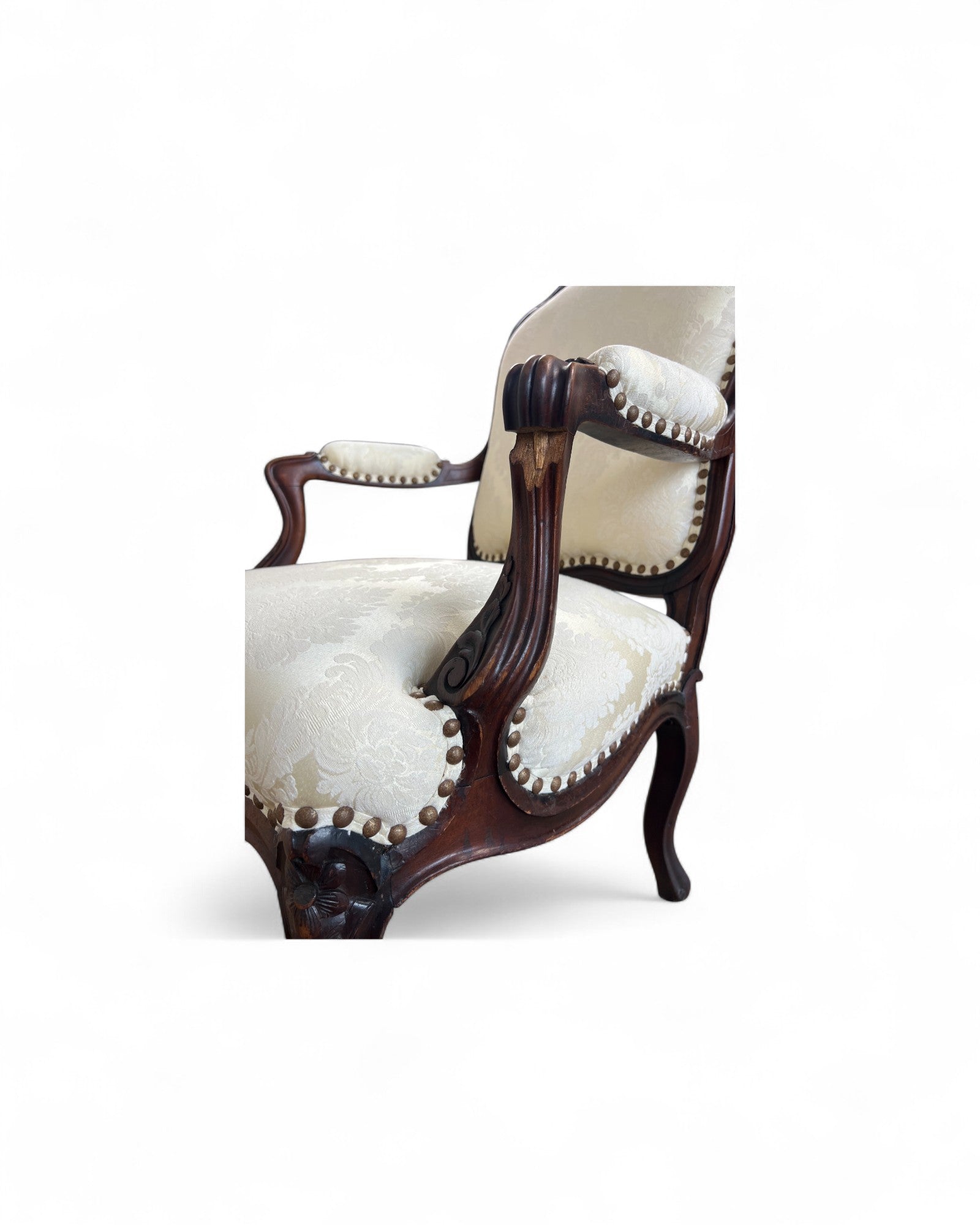 Cream Damask Upholstered Walnut French Louis XV Armchairs