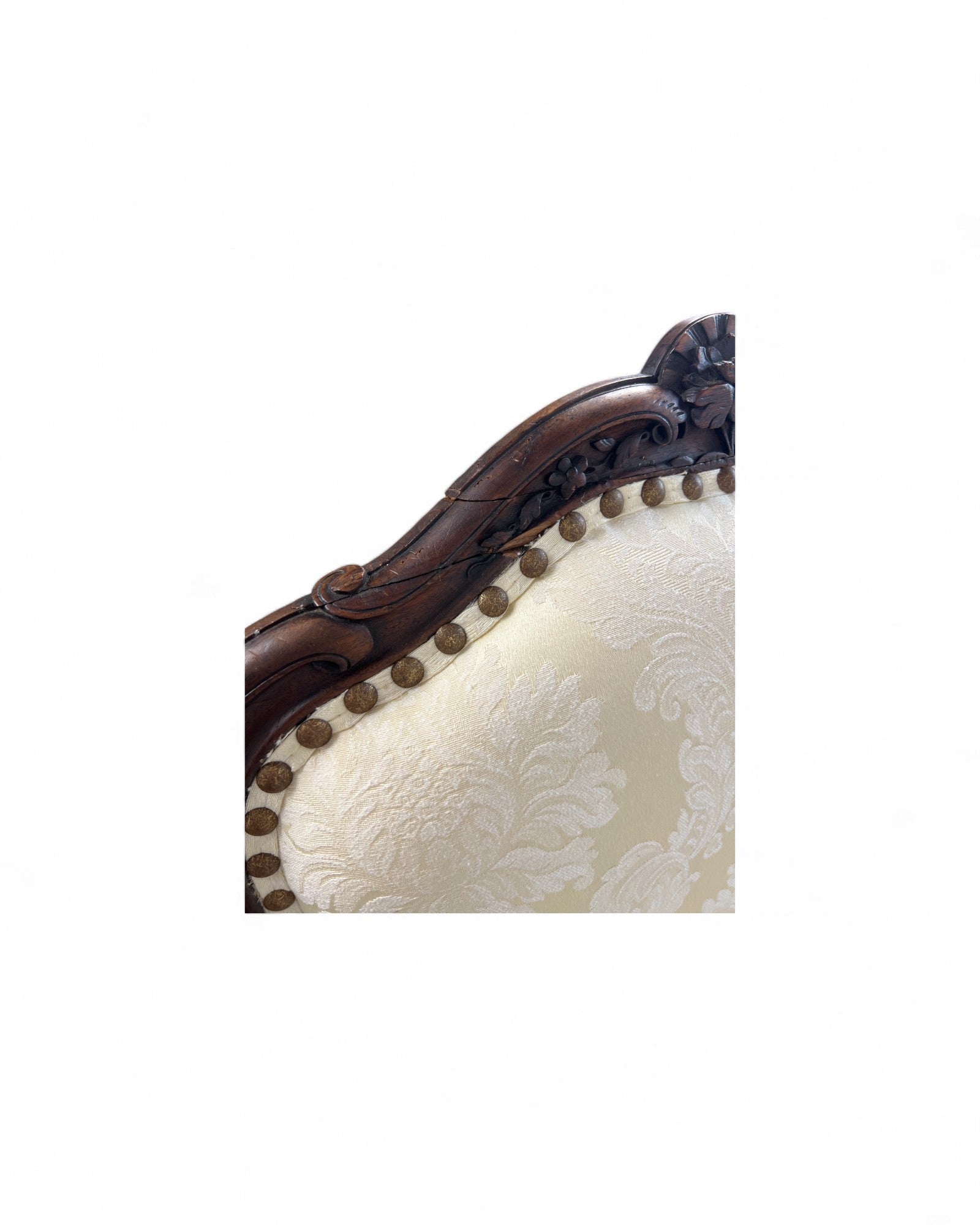 Cream Damask Upholstered Walnut French Louis XV Armchairs