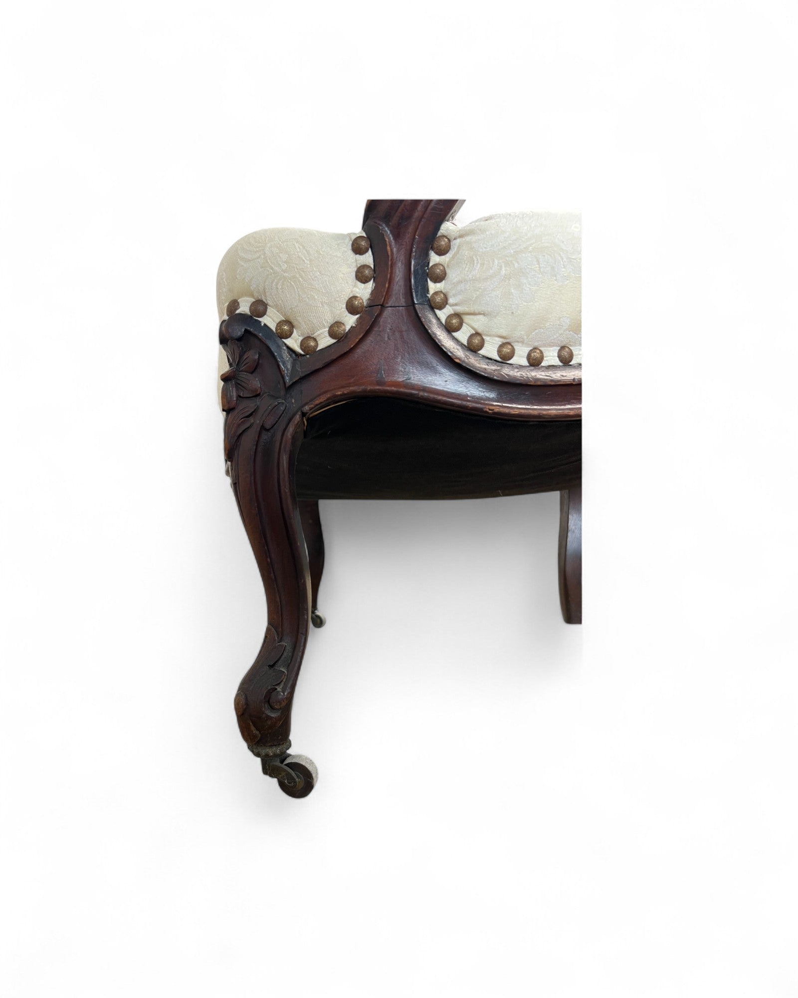 Cream Damask Upholstered Walnut French Louis XV Armchairs
