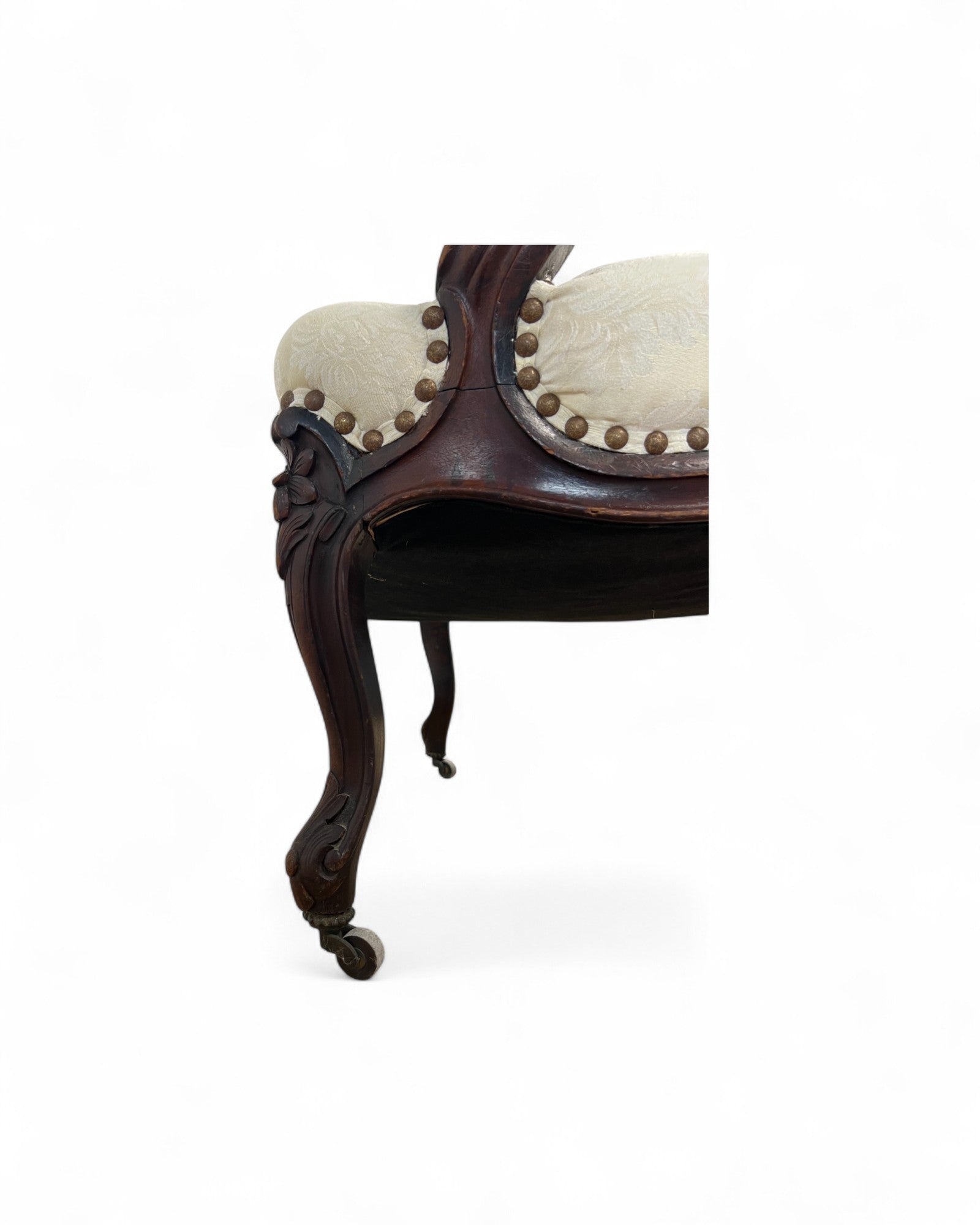 Cream Damask Upholstered Walnut French Louis XV Armchairs