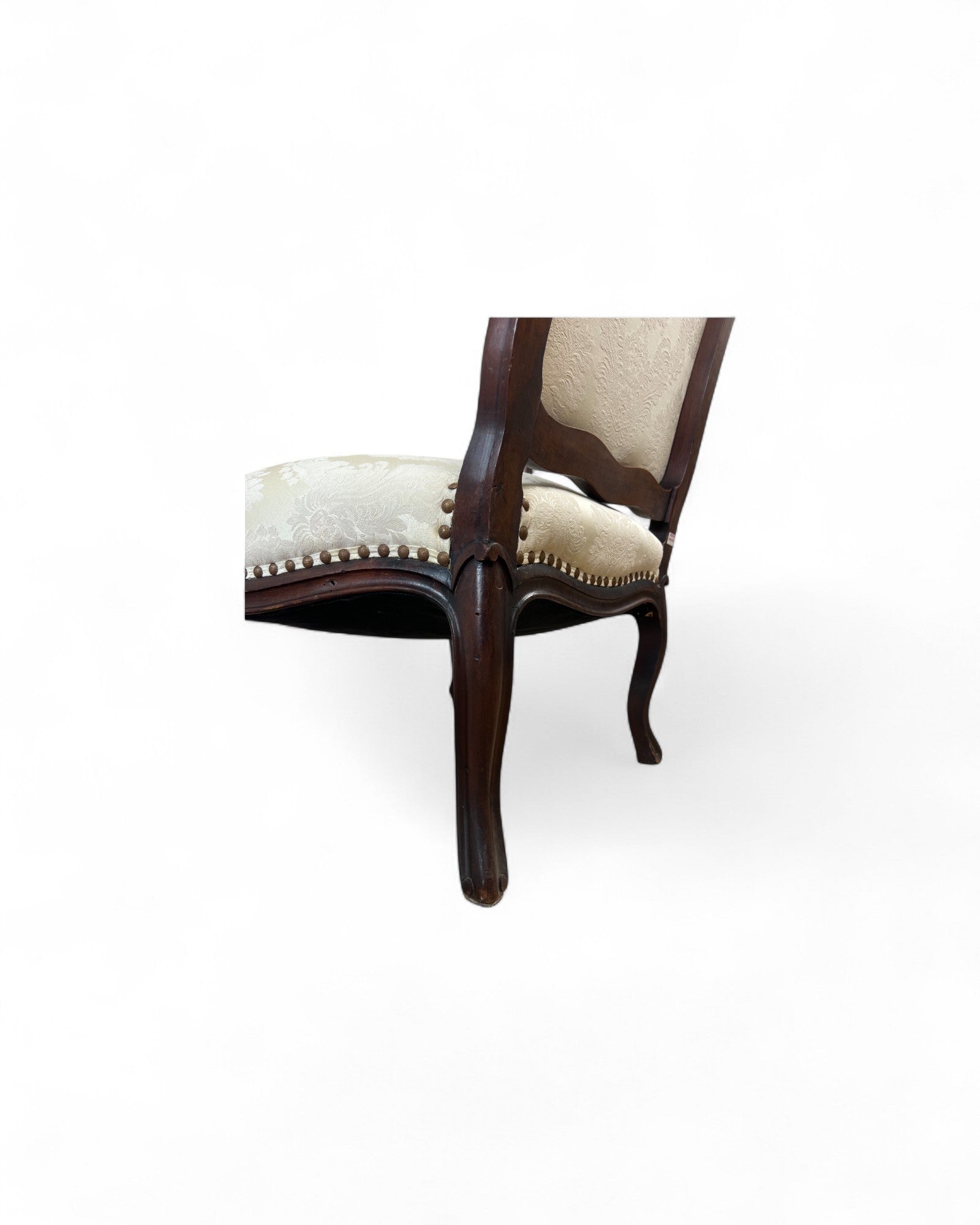 Cream Damask Upholstered Walnut French Louis XV Armchairs