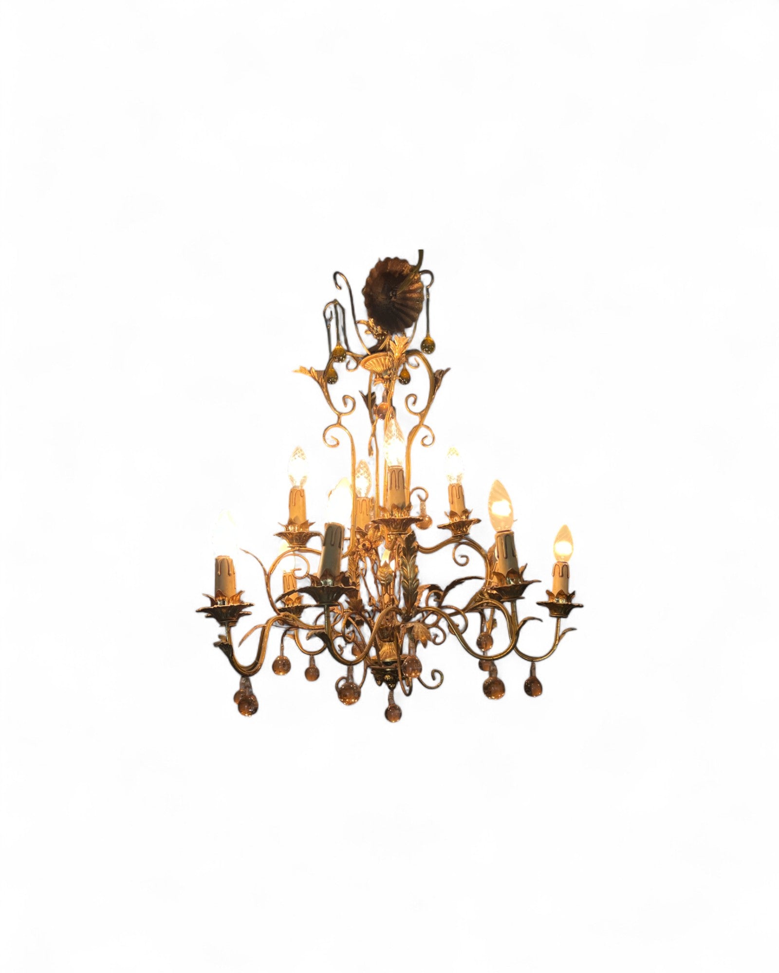 Italian Toleware Golden Chandelier with Murano Glass Droplets