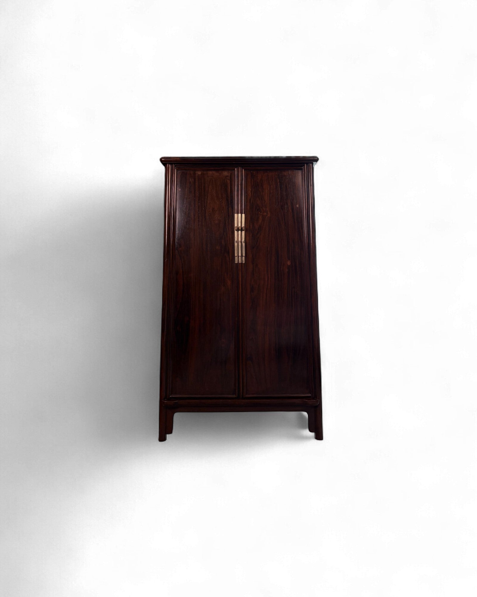 Chinese Narrow Cabinet with Minimalist Panel Doors - Zitan Wood, featuring dark stained wood, brass handles, and a classic design with beveled panels and a two-tier interior.