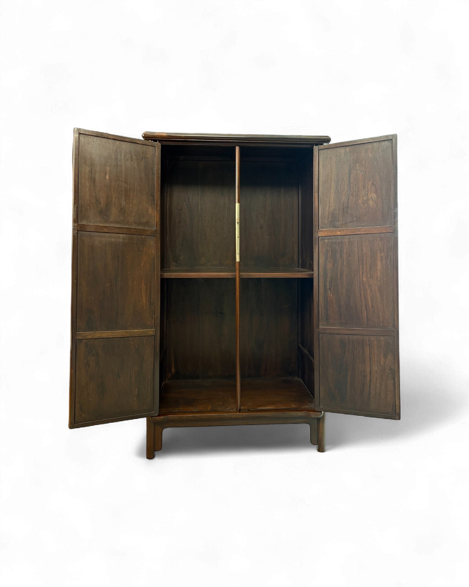 Chinese Narrow Cabinet with Minimalist Panel Doors, featuring open double doors, central divider, shelf, short legs, and three vertical brass lock bars on Zitan wood.