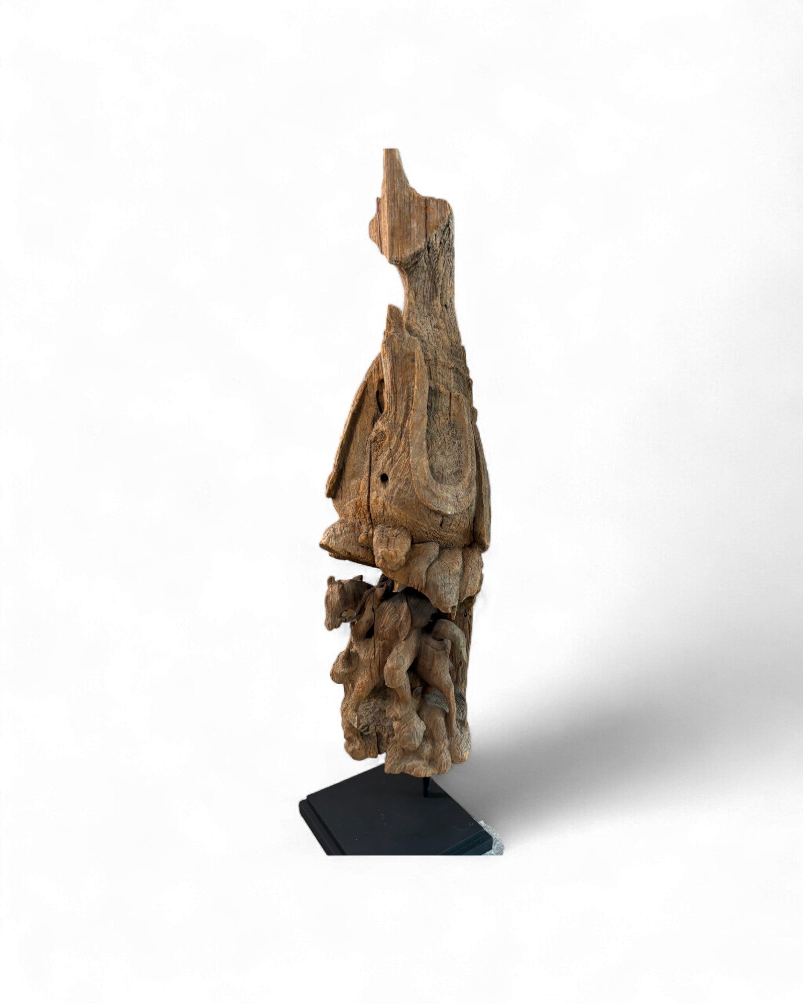 Antique Northern Thai Teak Roof Finial Fragment on Stand Hunting Scene - Surround Living - 2