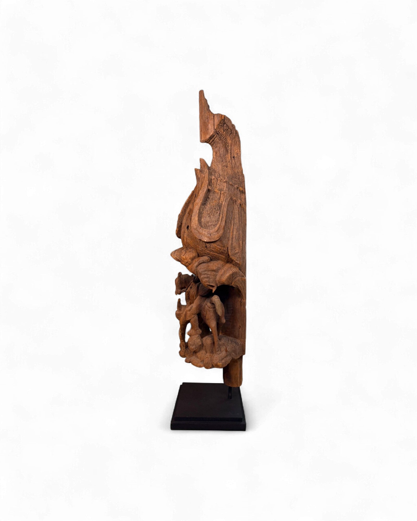 Antique Northern Thai Teak Roof Finial Fragment on Stand Hunting Scene - Surround Living - 6