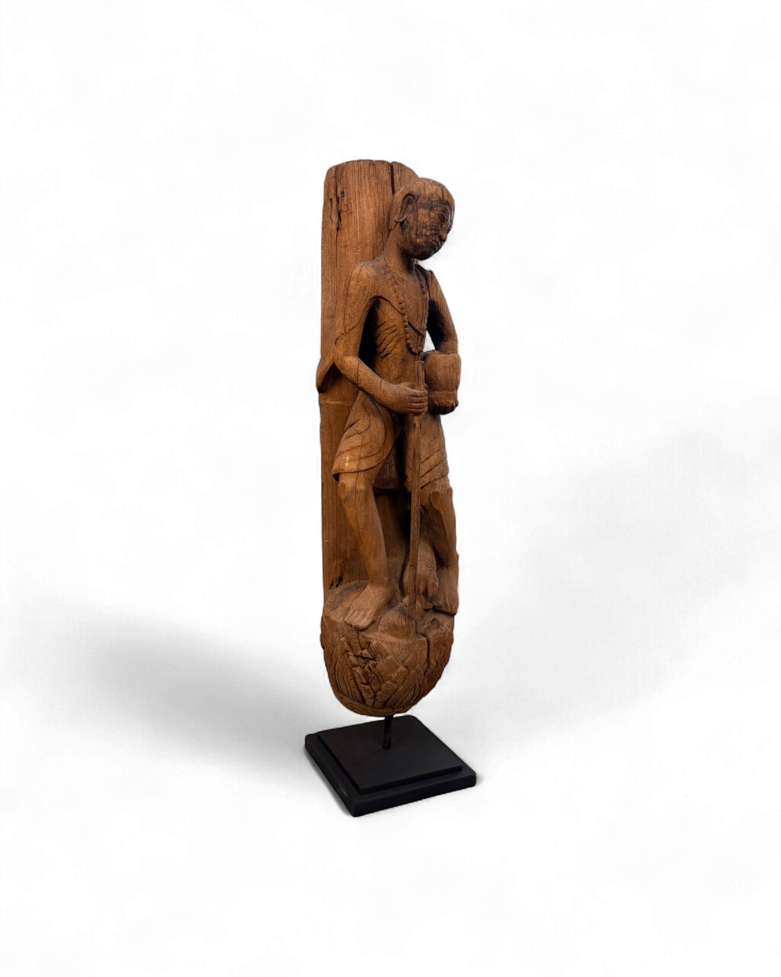 Antique Burmese Teak Temple Carving of a Tribal Figure Holding a Staff & Vessel - Surround Living - 6