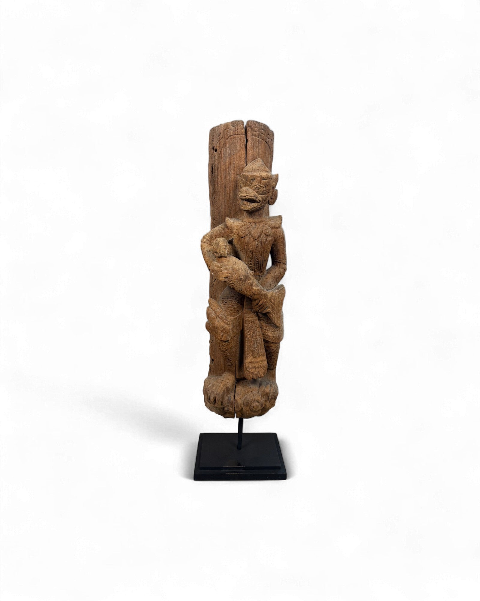 Antique Thai Temple Carving of a Mythical Guardian Figure Figure Holding Fish - Surround Living - 1