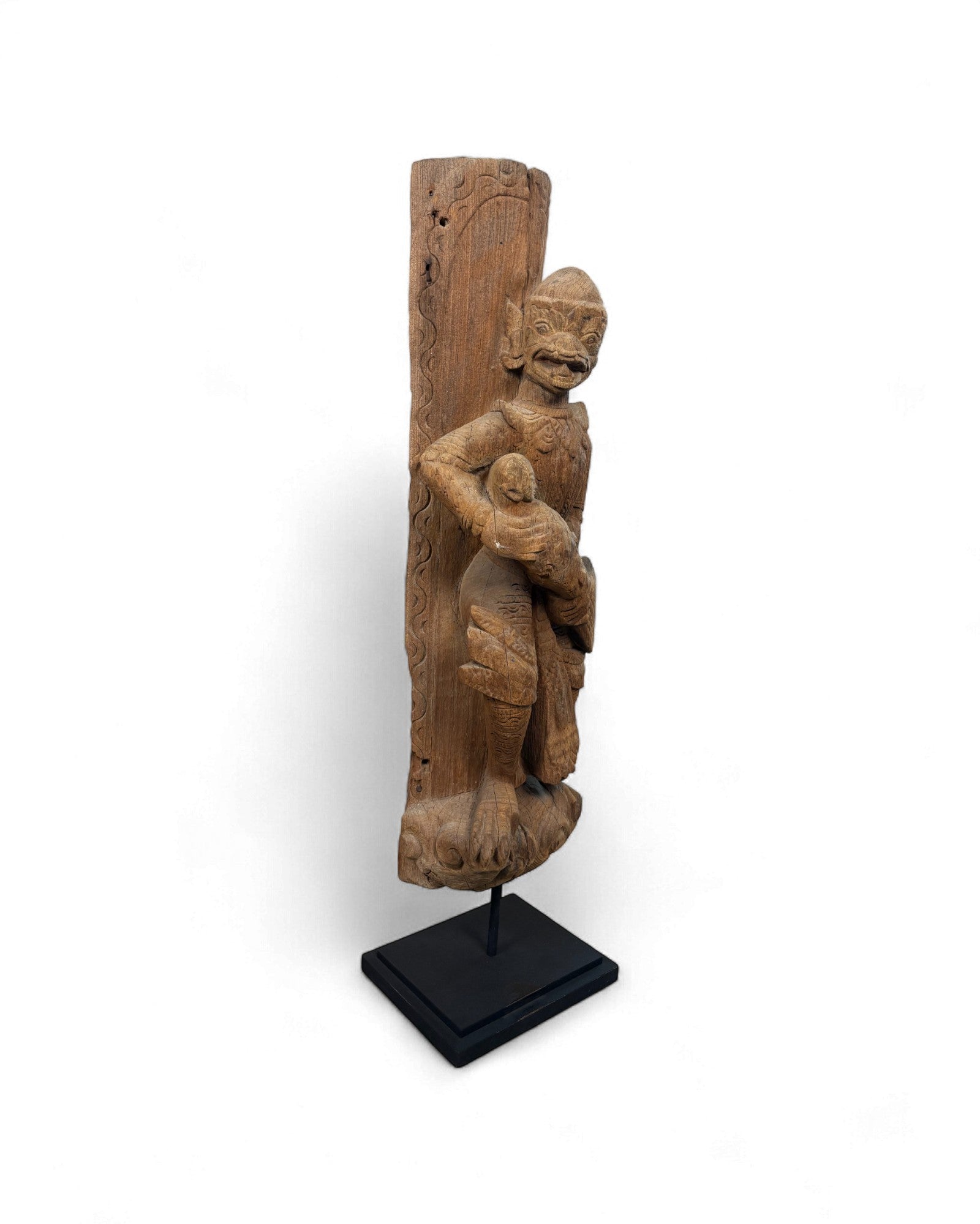 Antique Thai Temple Carving of a Mythical Guardian Figure Figure Holding Fish - Surround Living - 7