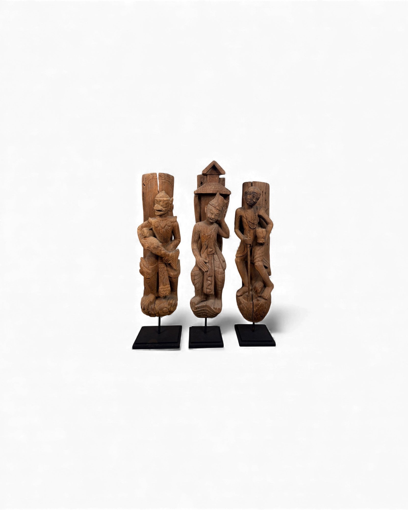 Set Antique Burmese Teak Temple Carving of a Guardian Figures - Set of 3 - Surround Living - 1
