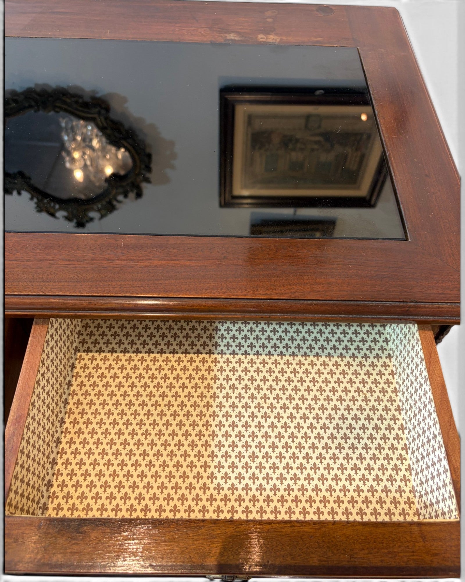 1920s Mini Glass Top Mahogany Desk with 2 Drawers - Surround Living - 13