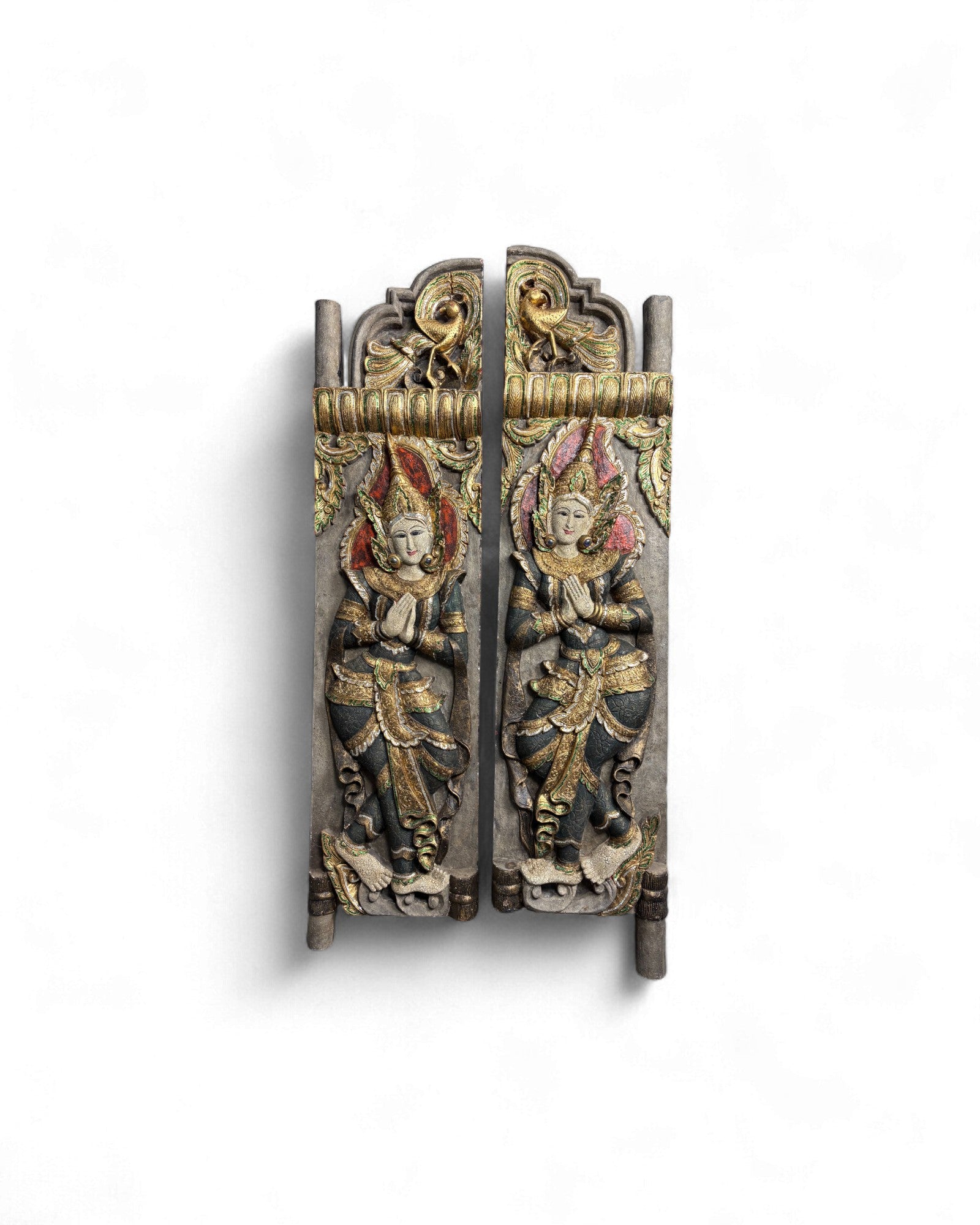 Pair of Indonesian Carved Teak Temple Panels with Guardian Figures - Surround Living - 1