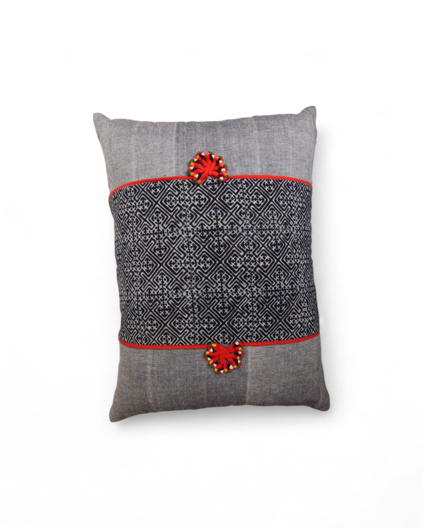 Lumbar Cushion with Indigo Wax Print Centre Feat. Embroidered "Flowers" - Red Piping