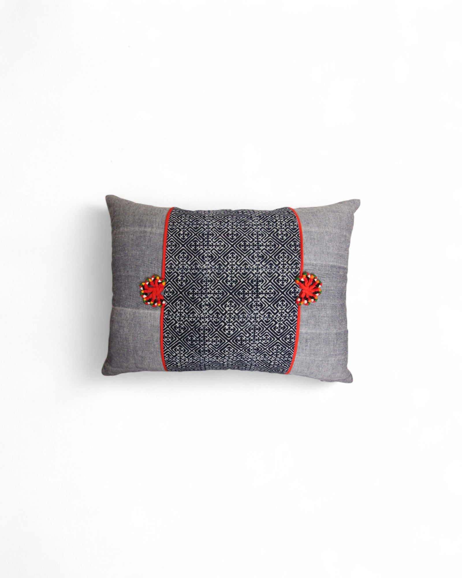 Lumbar Cushion with Indigo Wax Print Centre Feat. Embroidered "Flowers" - Red Piping