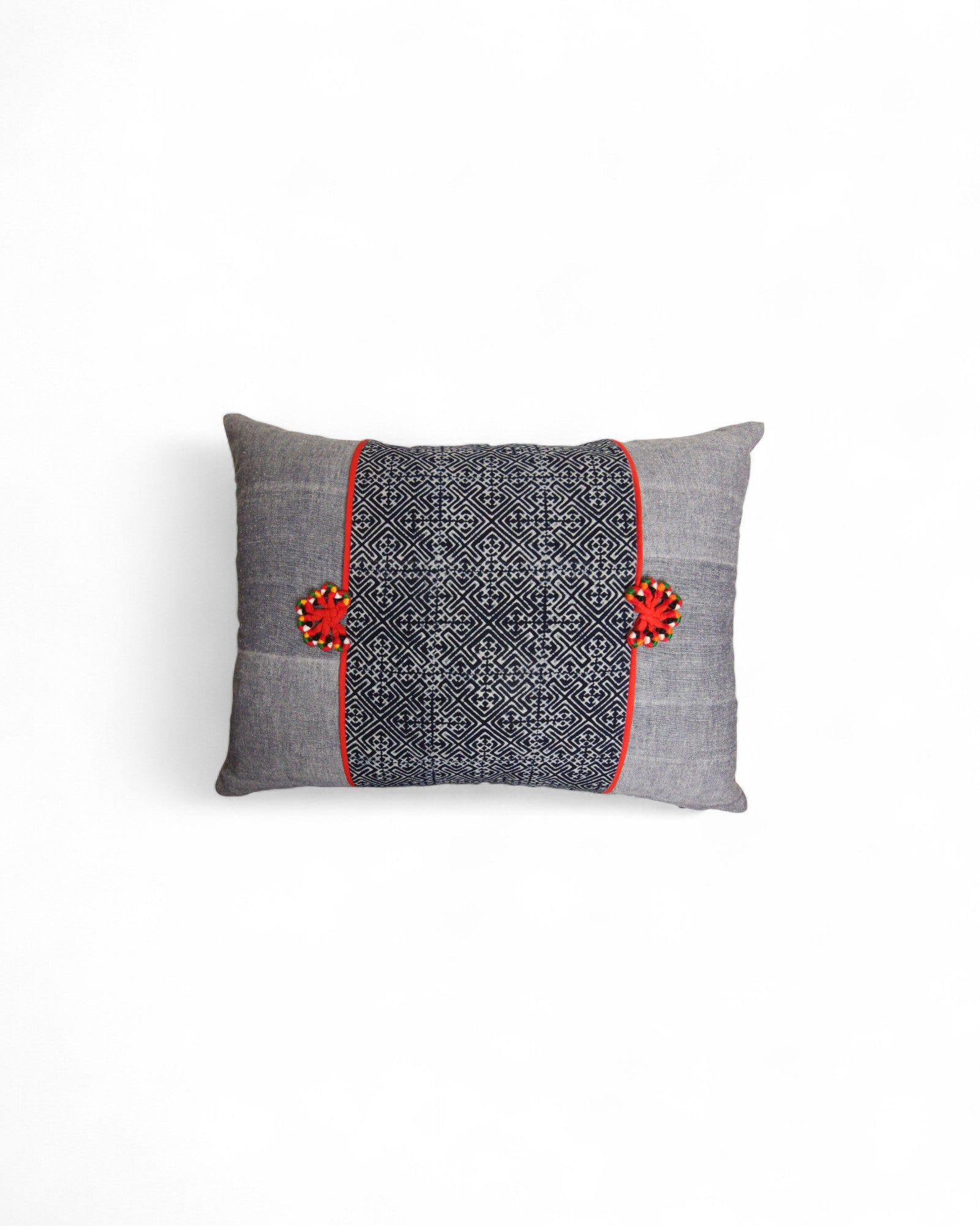 Lumbar Cushion with Indigo Wax Print Centre Feat. Embroidered "Flowers" - Red Piping