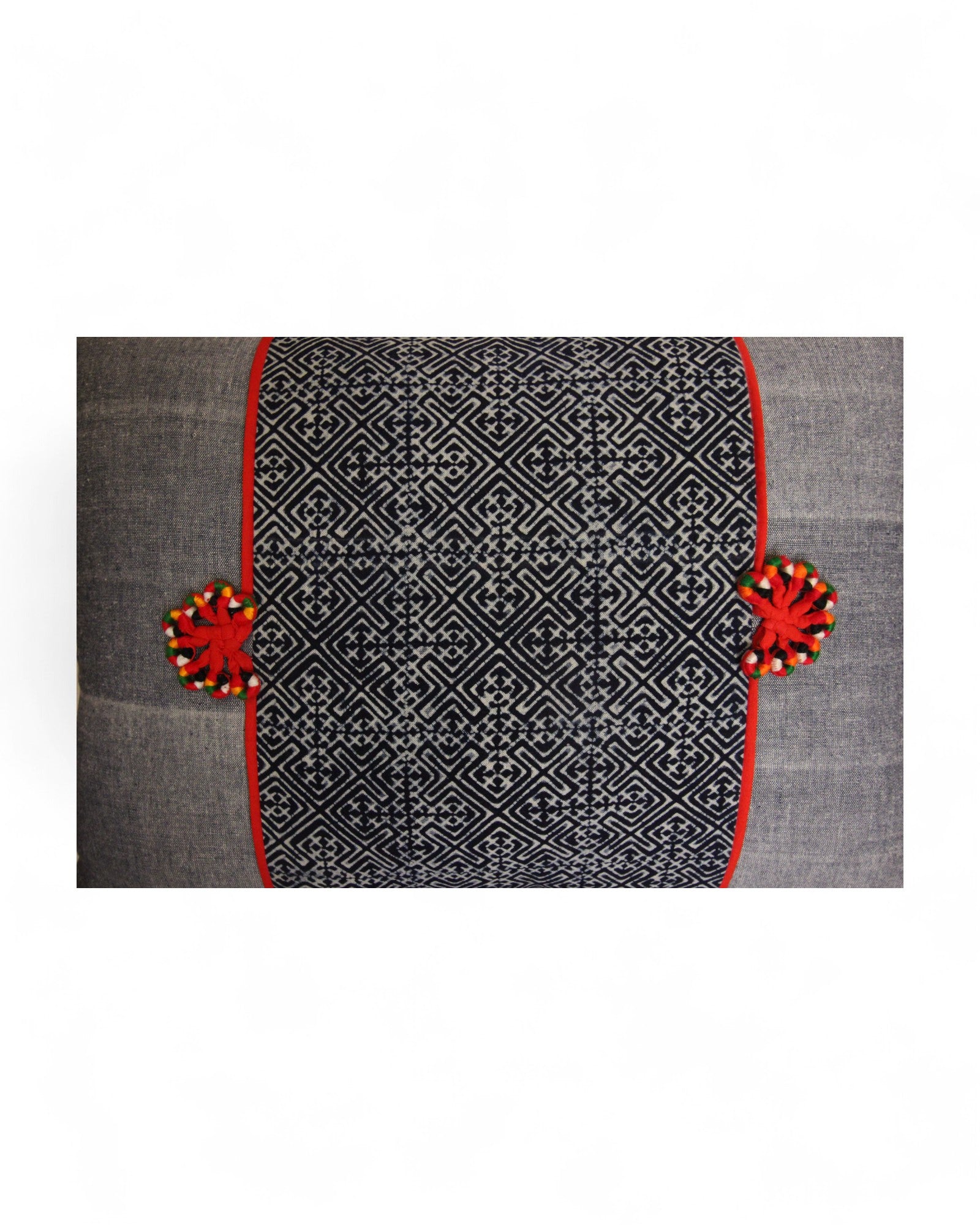 Lumbar Cushion with Indigo Wax Print Centre Feat. Embroidered "Flowers" - Red Piping