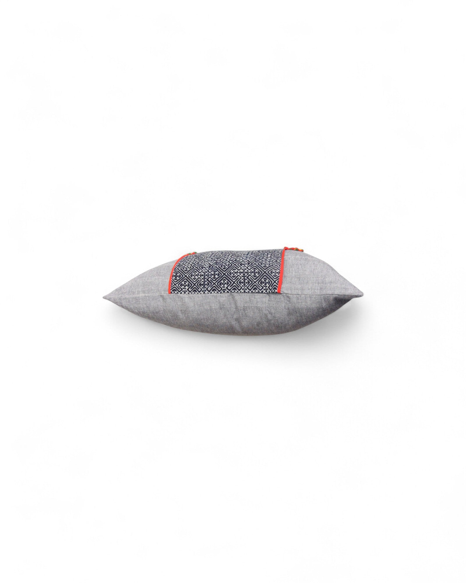 Lumbar Cushion with Indigo Wax Print Centre Feat. Embroidered "Flowers" - Red Piping