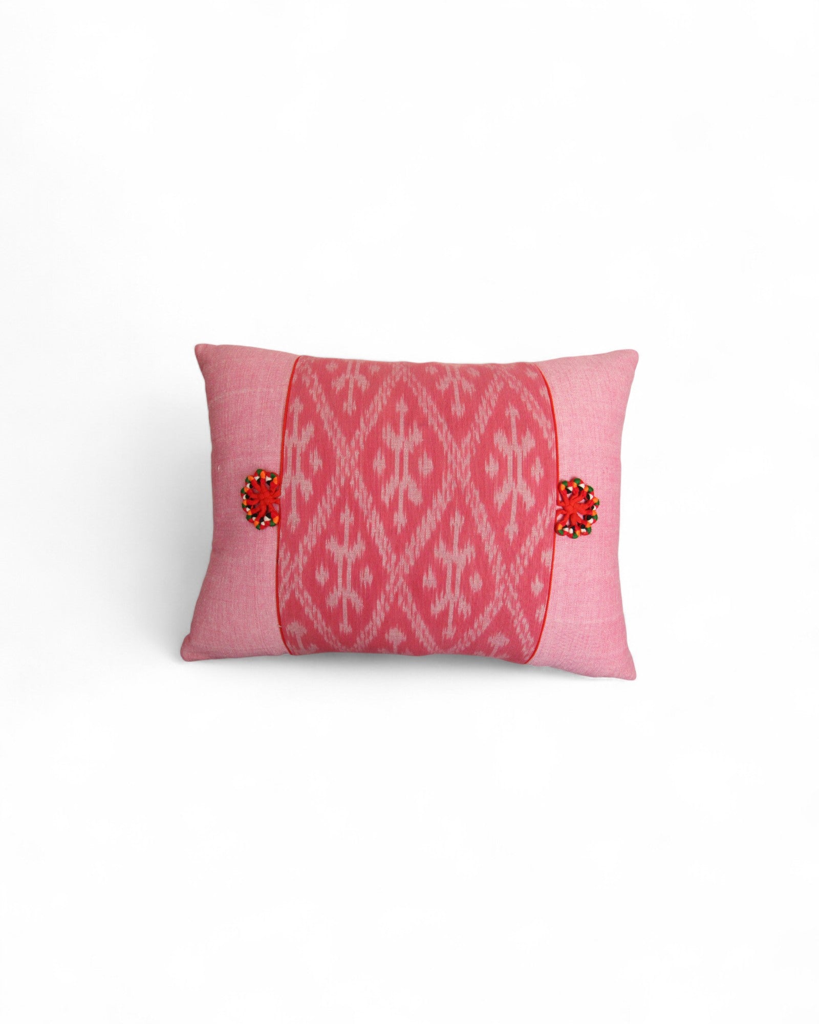 Lumbar Cushion with Indigo Wax Print Centre Feat. Embroidered "Flowers" - Pink on Pink