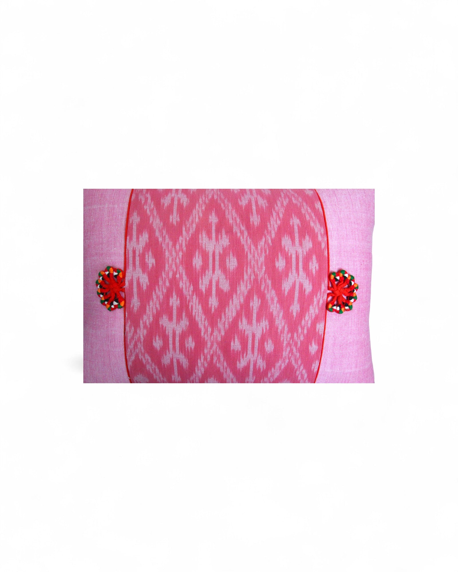 Lumbar Cushion with Indigo Wax Print Centre Feat. Embroidered "Flowers" - Pink on Pink