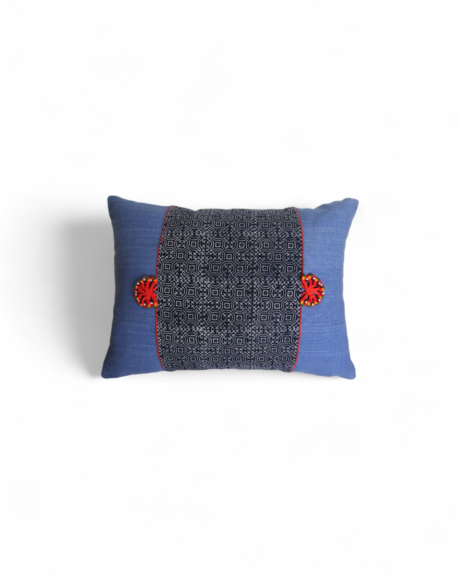 Lumbar Cushion Feat. Indigo Wax Print, Red embroidered "Flowers" - Denim Blue