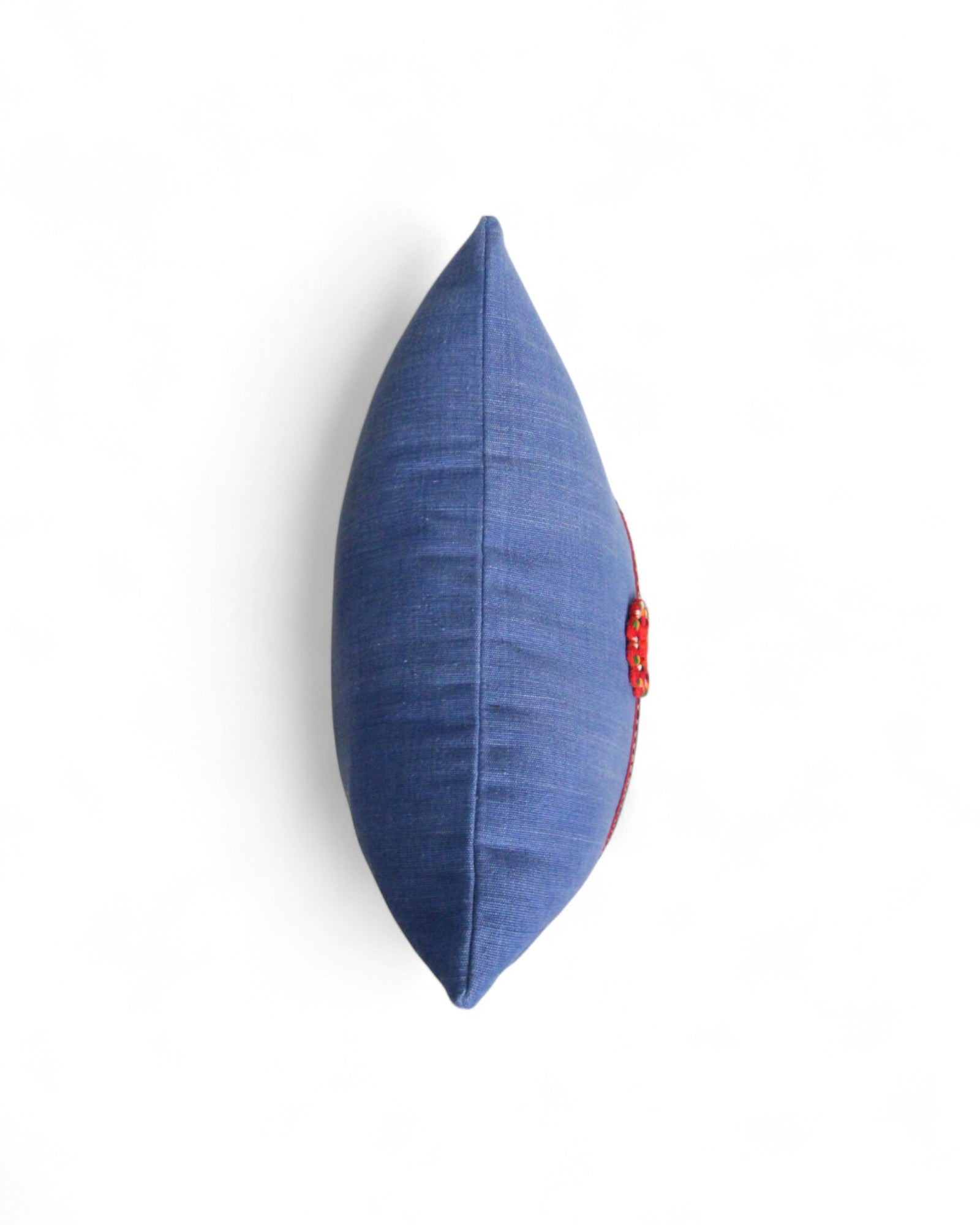 Lumbar Cushion Feat. Indigo Wax Print, Red embroidered "Flowers" - Denim Blue