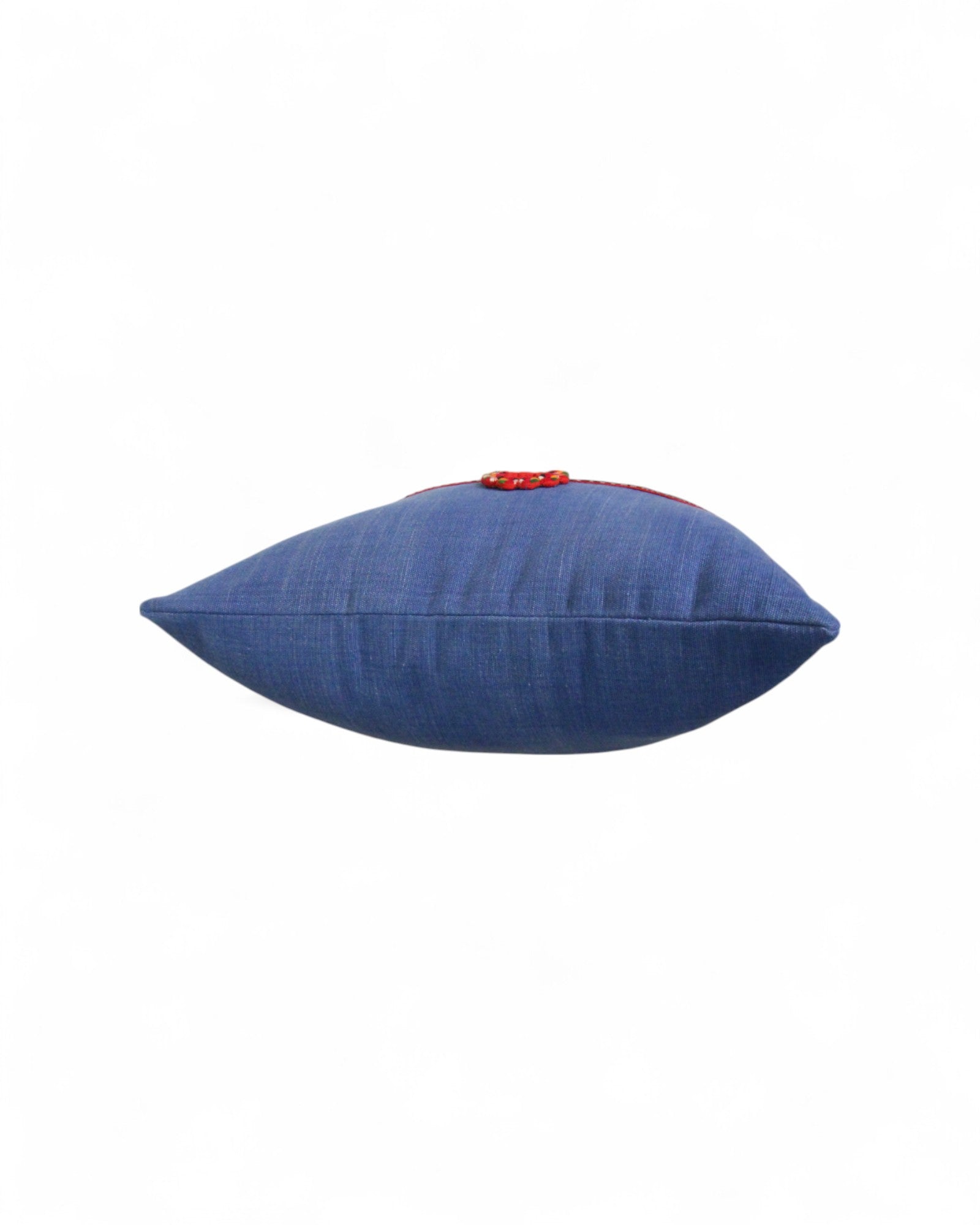 Lumbar Cushion Feat. Indigo Wax Print, Red embroidered "Flowers" - Denim Blue