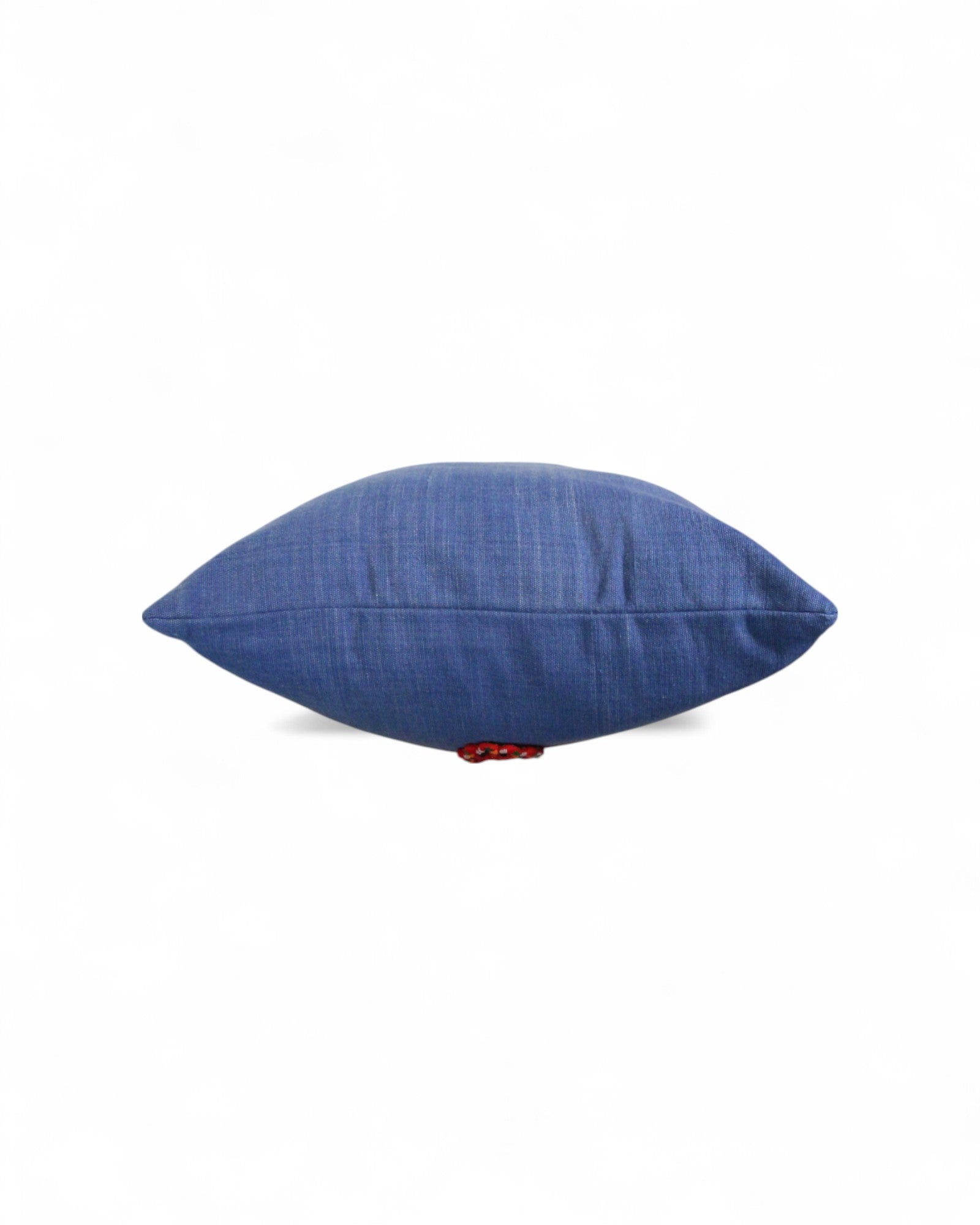 Lumbar Cushion Feat. Indigo Wax Print, Red embroidered "Flowers" - Denim Blue