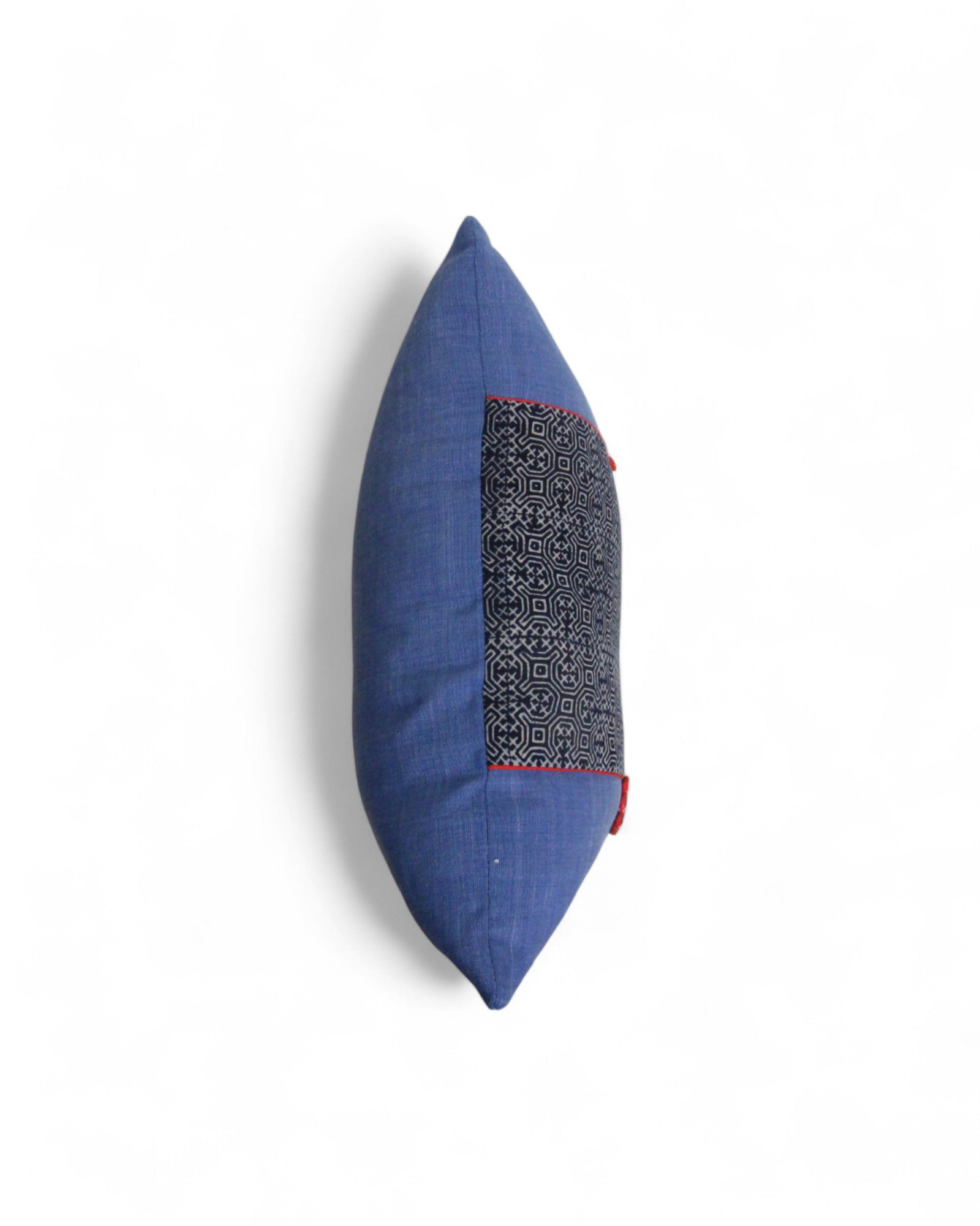 Lumbar Cushion Feat. Indigo Wax Print, Red embroidered "Flowers" - Denim Blue