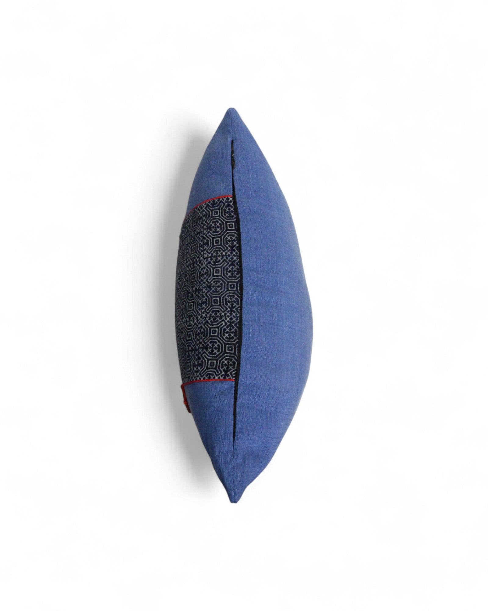 Lumbar Cushion Feat. Indigo Wax Print, Red embroidered "Flowers" - Denim Blue