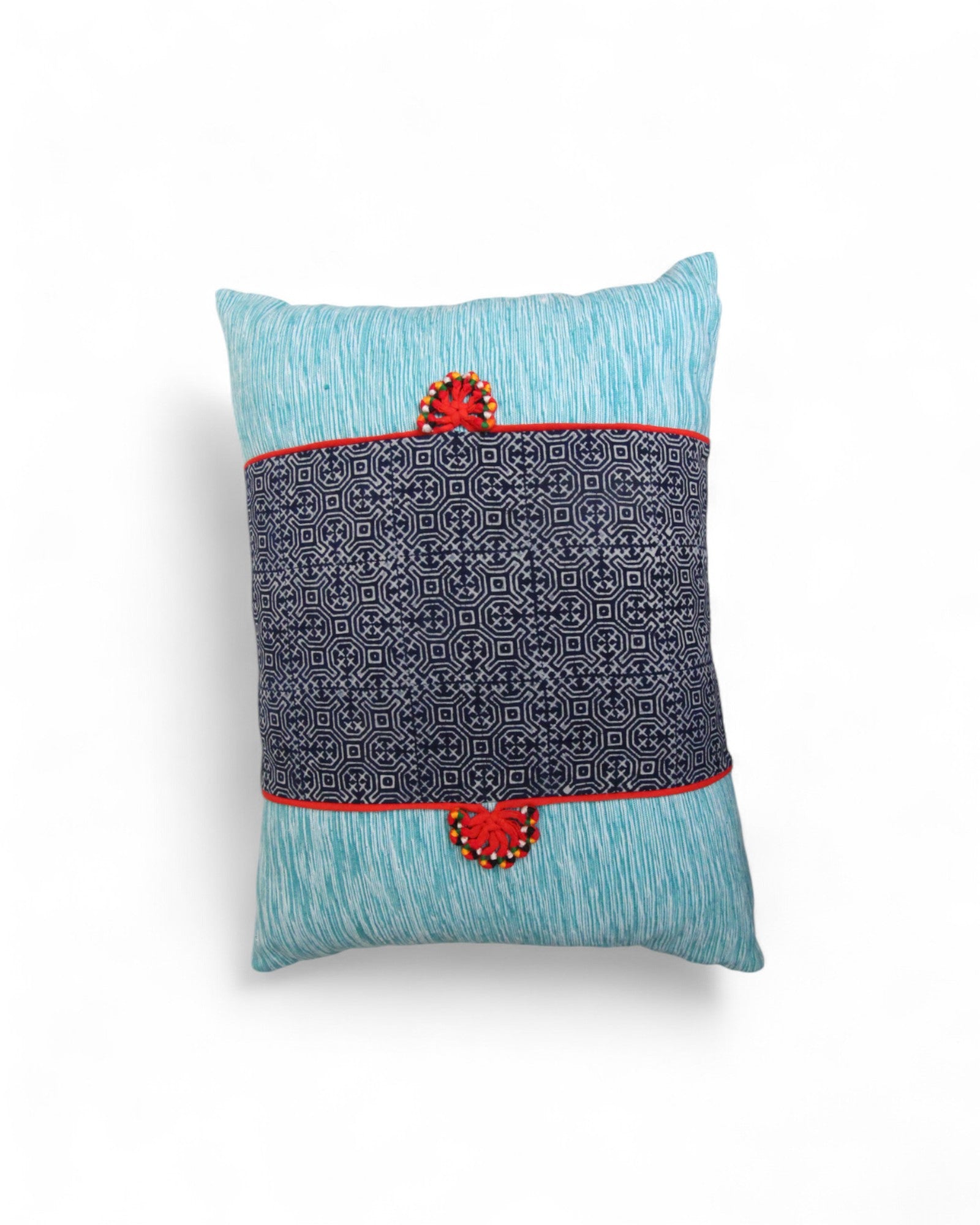 Lumbar Cushion Feat. Indigo Wax Print, Red Embroidered "Flowers" - Seafoam Blue