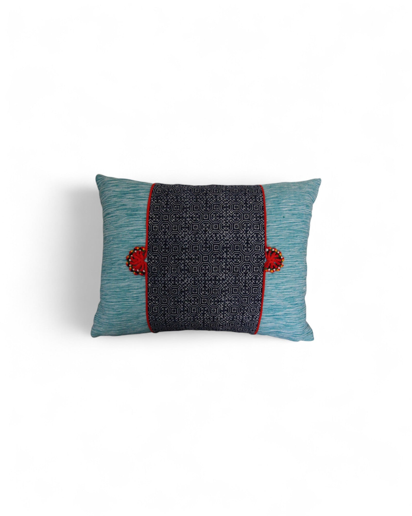 Lumbar Cushion Feat. Indigo Wax Print, Red Embroidered "Flowers" - Seafoam Blue