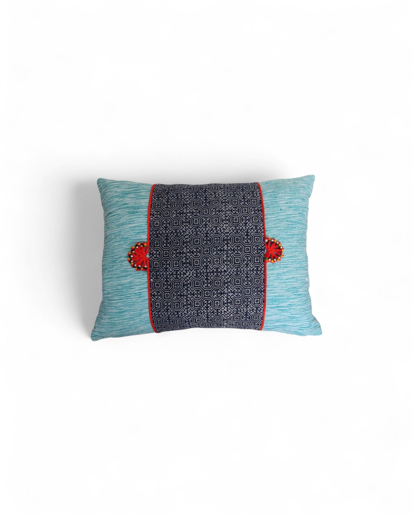 Lumbar Cushion Feat. Indigo Wax Print, Red Embroidered "Flowers" - Seafoam Blue