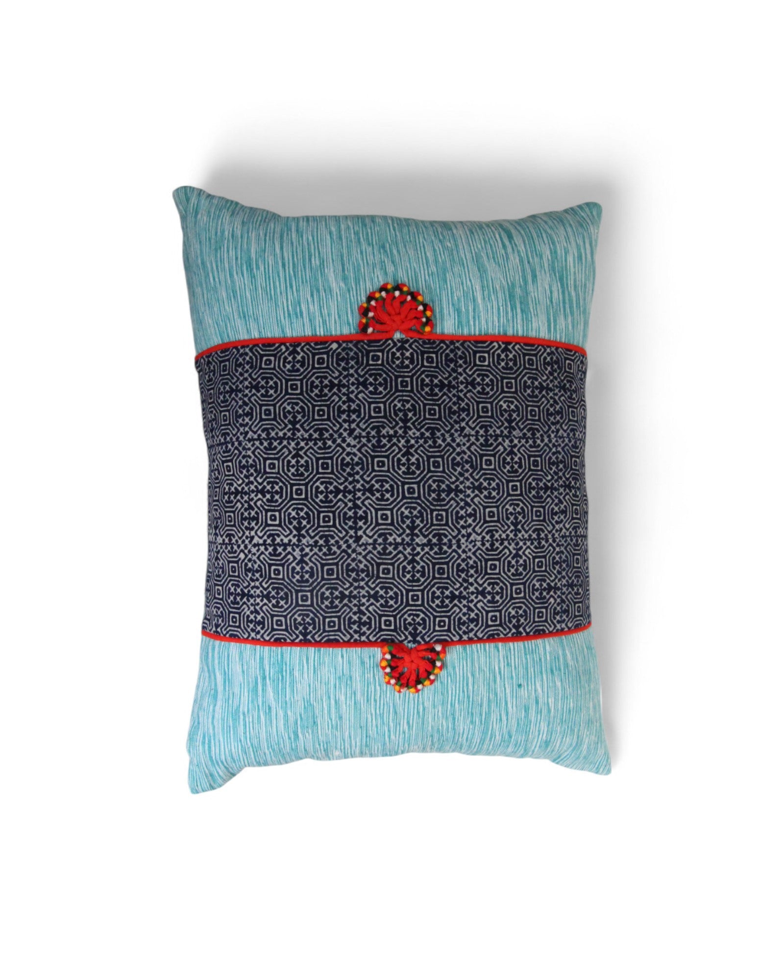 Lumbar Cushion Feat. Indigo Wax Print, Red Embroidered "Flowers" - Seafoam Blue