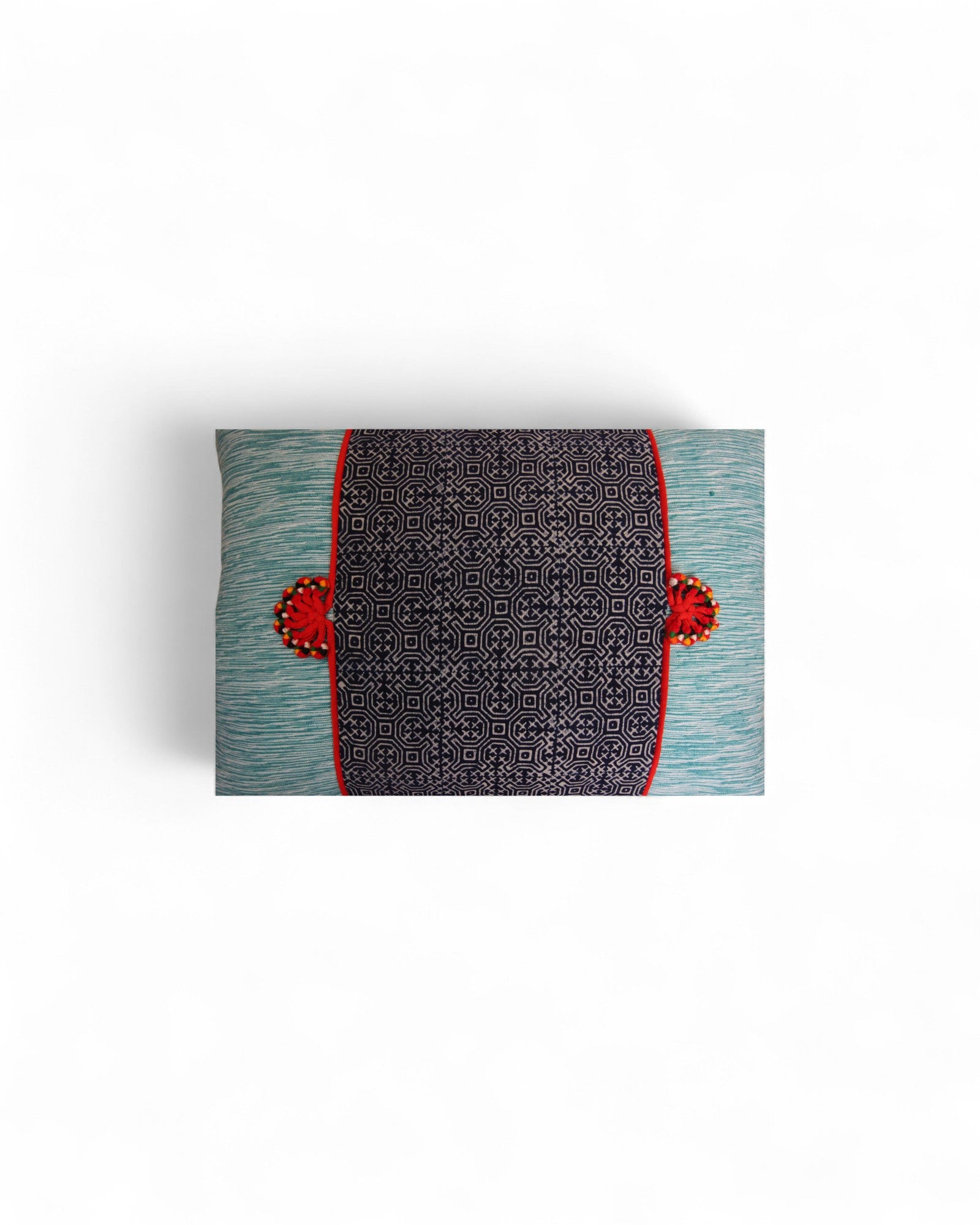 Lumbar Cushion Feat. Indigo Wax Print, Red Embroidered "Flowers" - Seafoam Blue