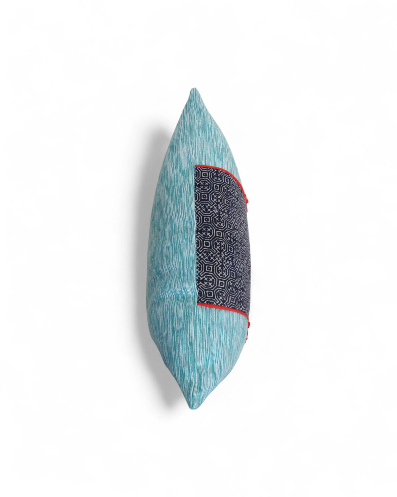 Lumbar Cushion Feat. Indigo Wax Print, Red Embroidered "Flowers" - Seafoam Blue