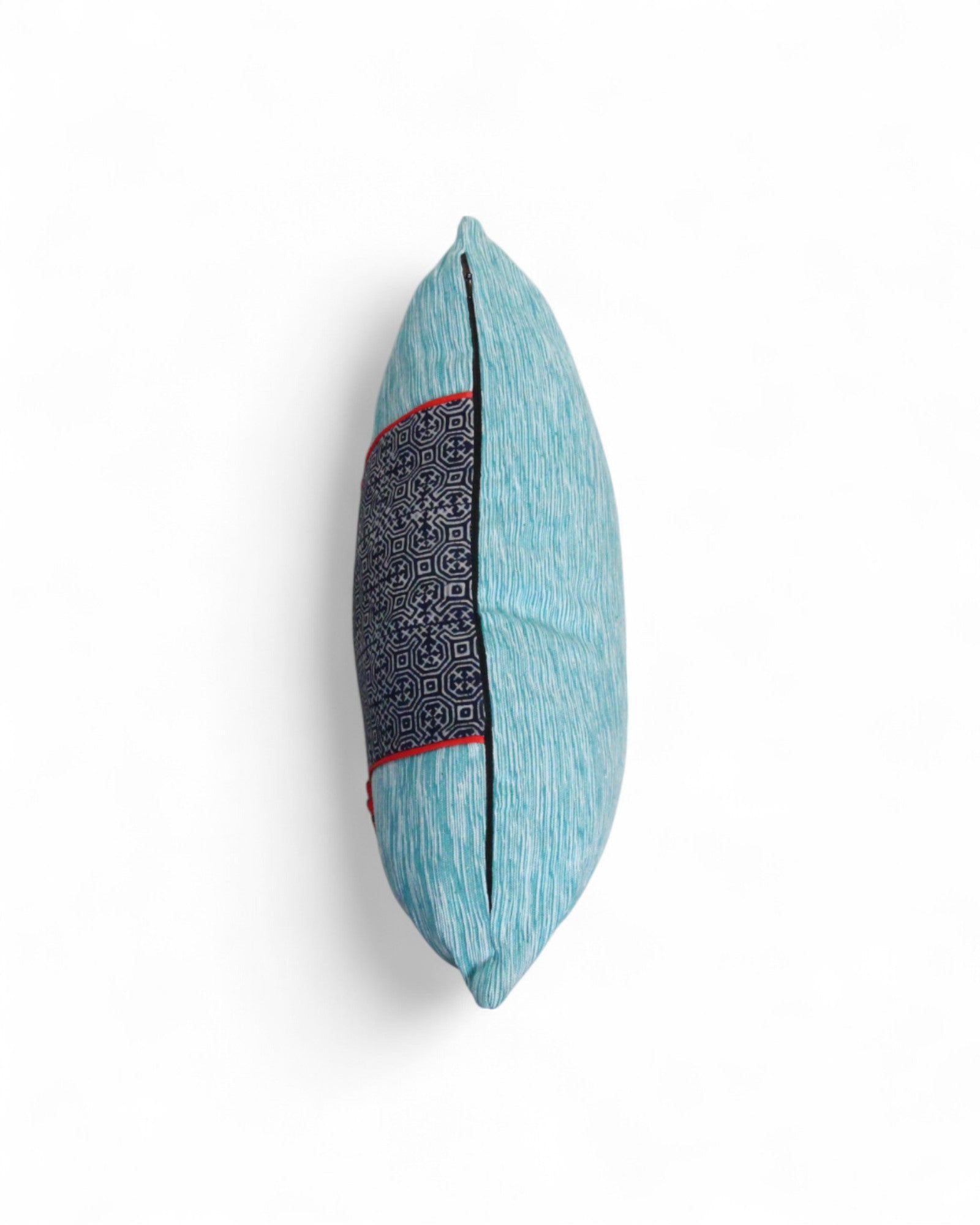 Lumbar Cushion Feat. Indigo Wax Print, Red Embroidered "Flowers" - Seafoam Blue