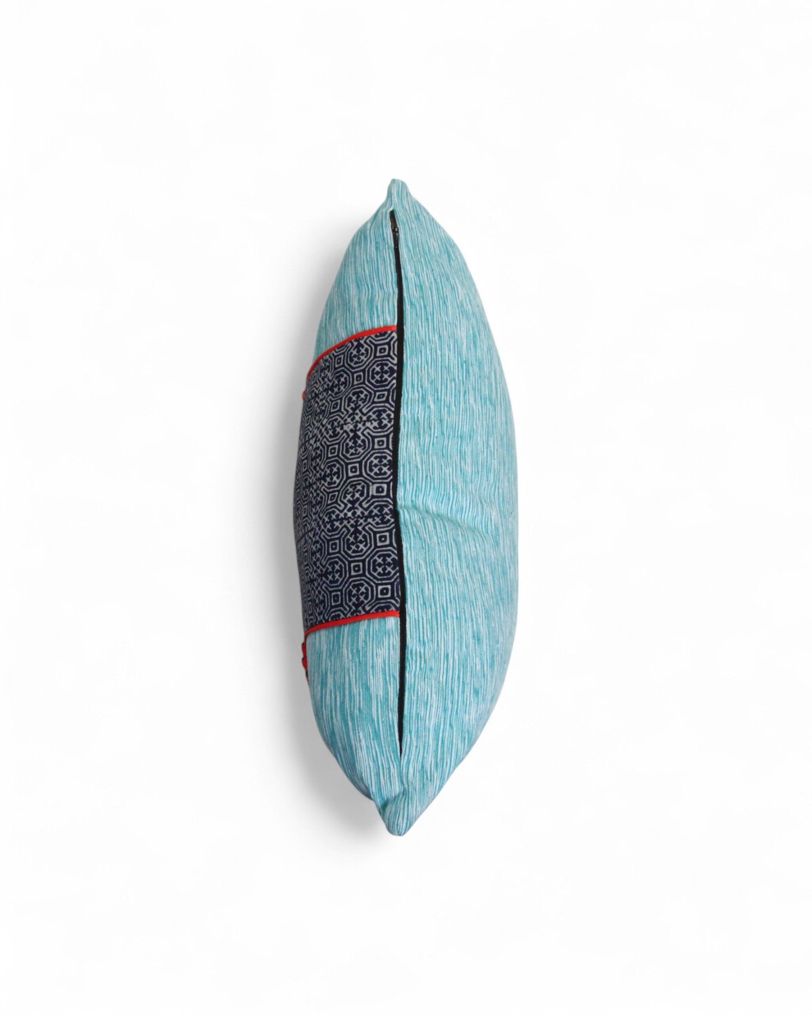 Lumbar Cushion Feat. Indigo Wax Print, Red Embroidered "Flowers" - Seafoam Blue