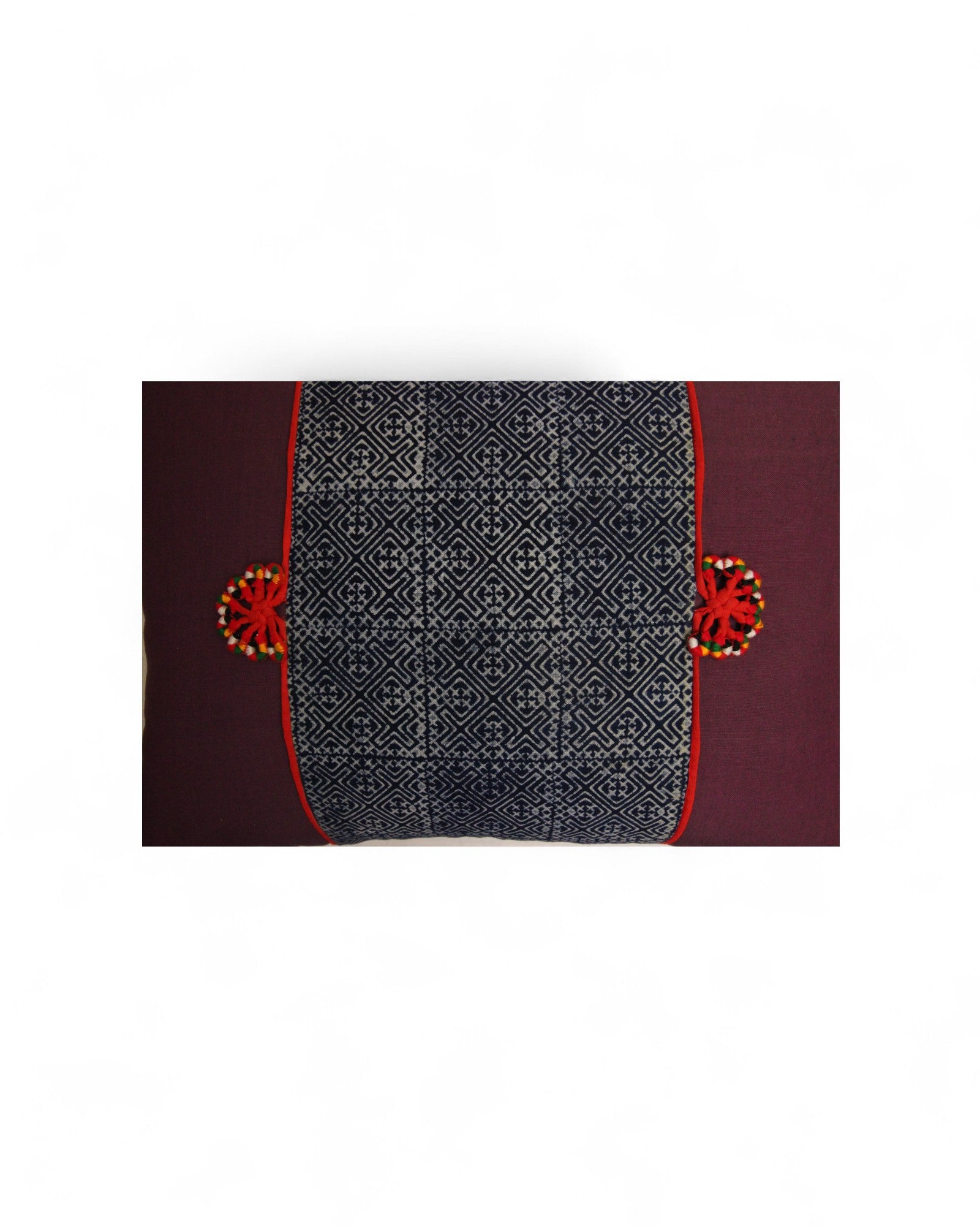 Lumbar Cushion Feat. Indigo Wax Print Lumbar Cushion Embroidered "Flowers" - Magenta