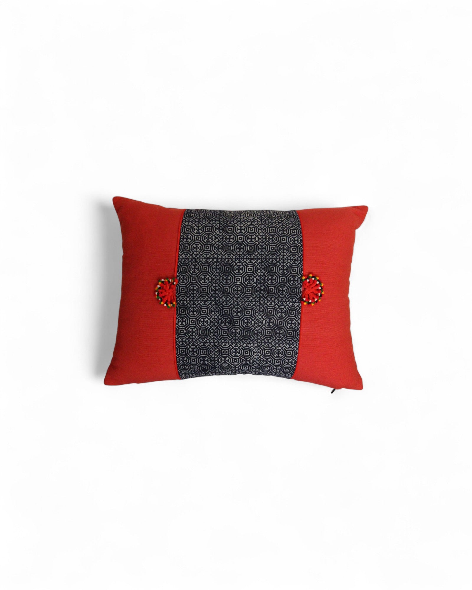 Lumbar Cushion Feat. Indigo Wax Print, Red Embroidered "Flowers" - Red