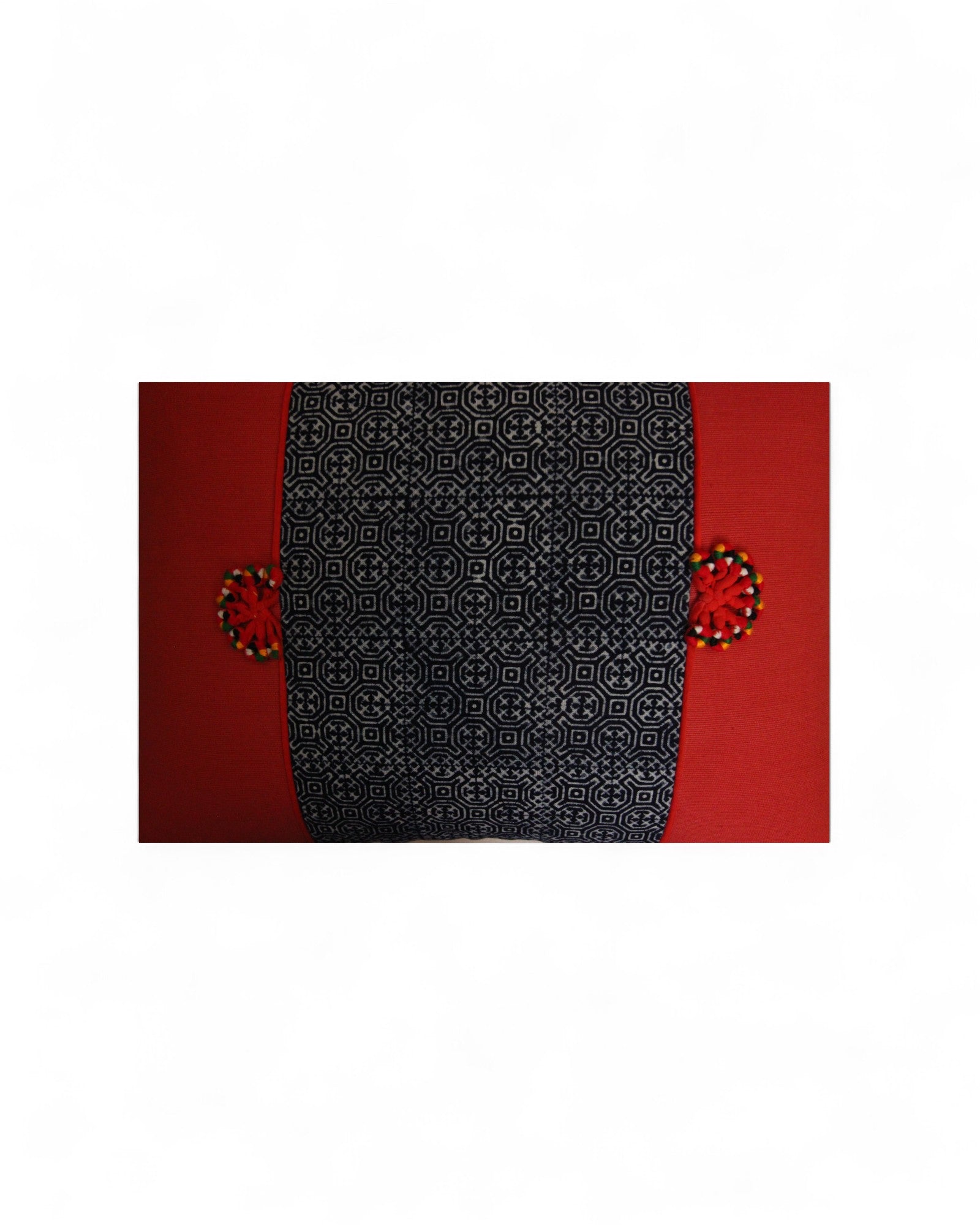 Lumbar Cushion Feat. Indigo Wax Print, Red Embroidered "Flowers" - Red