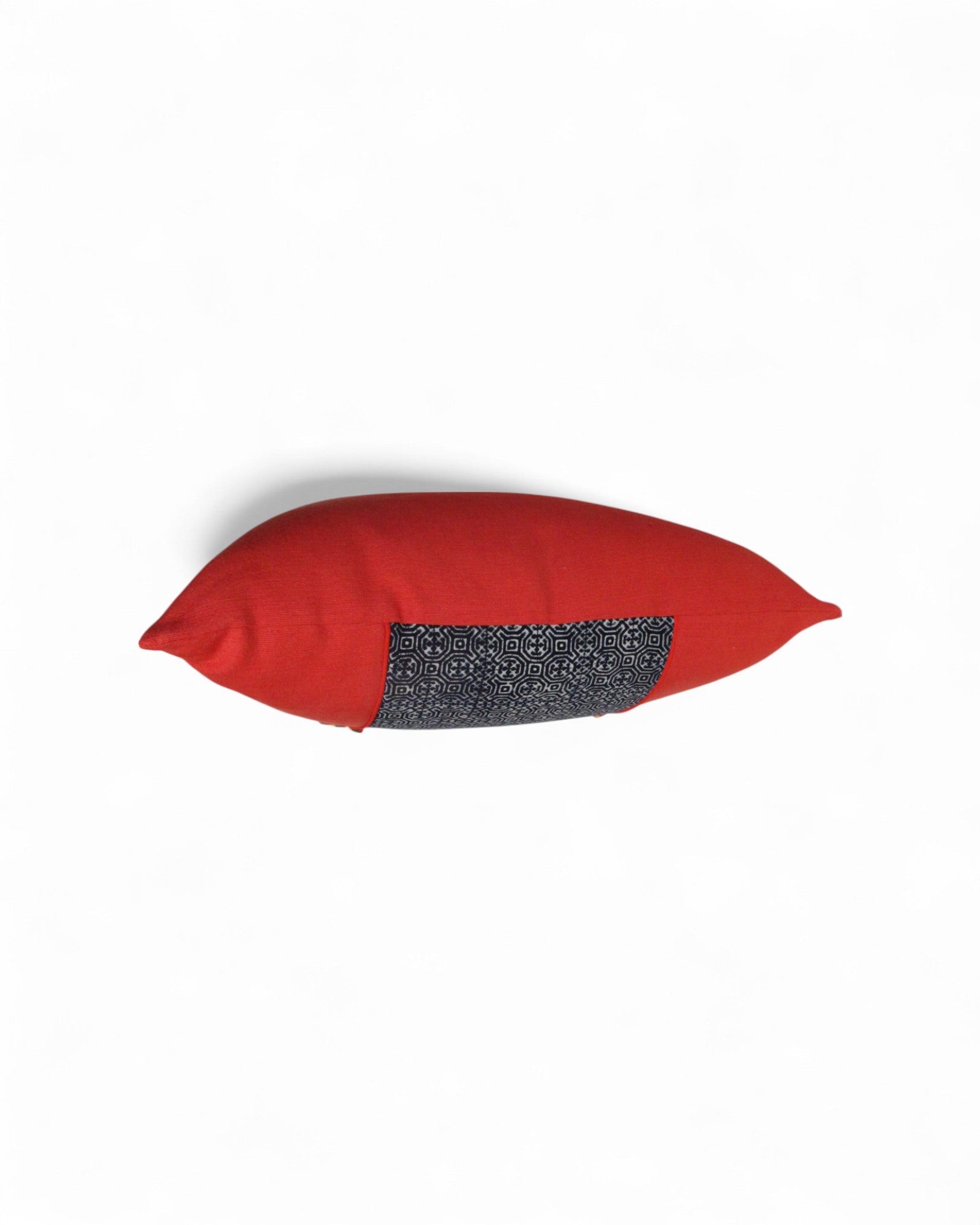 Lumbar Cushion Feat. Indigo Wax Print, Red Embroidered "Flowers" - Red