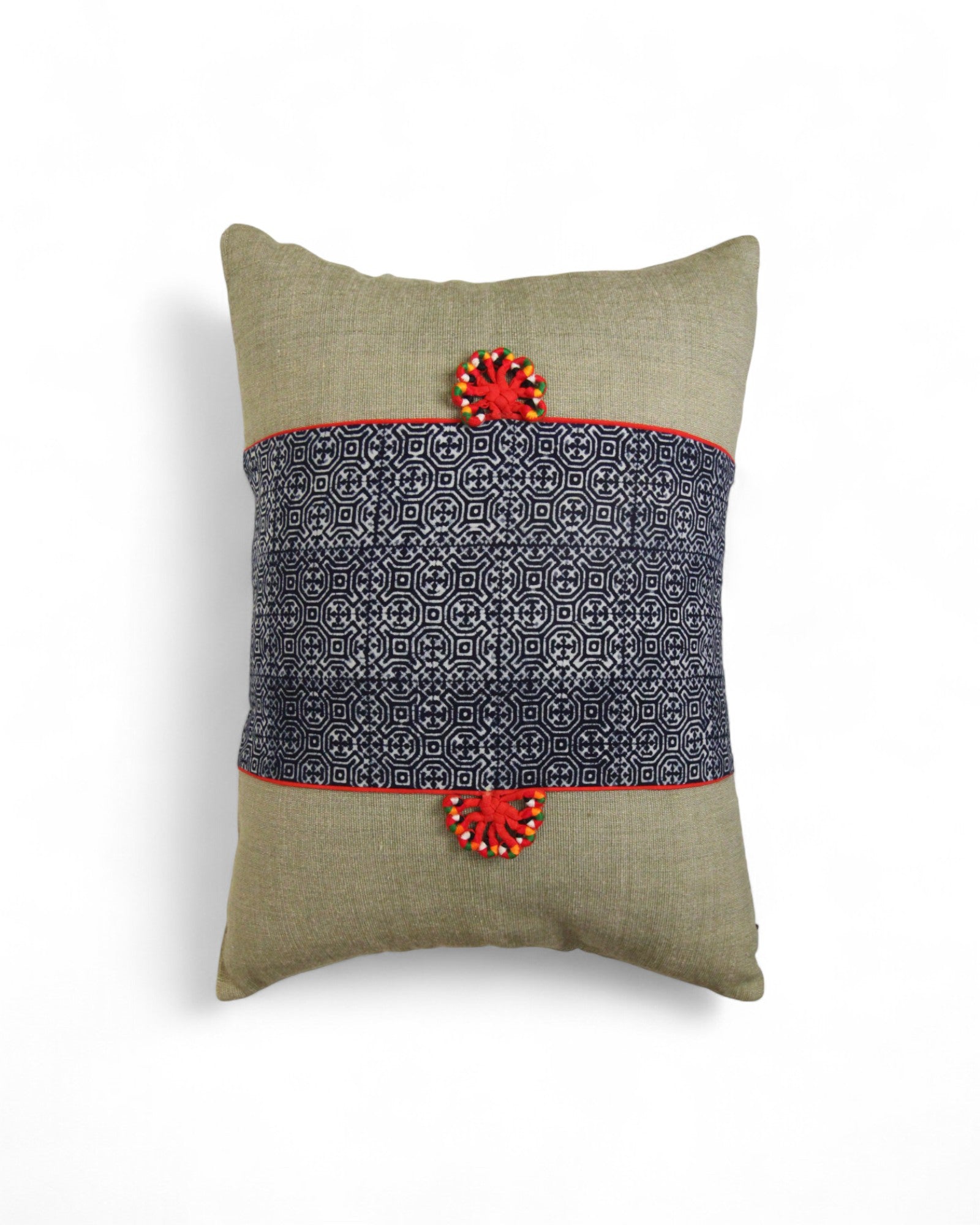 Lumbar Cushion Feat. Indigo Wax Print, Red Embroidered "Flowers" - Green