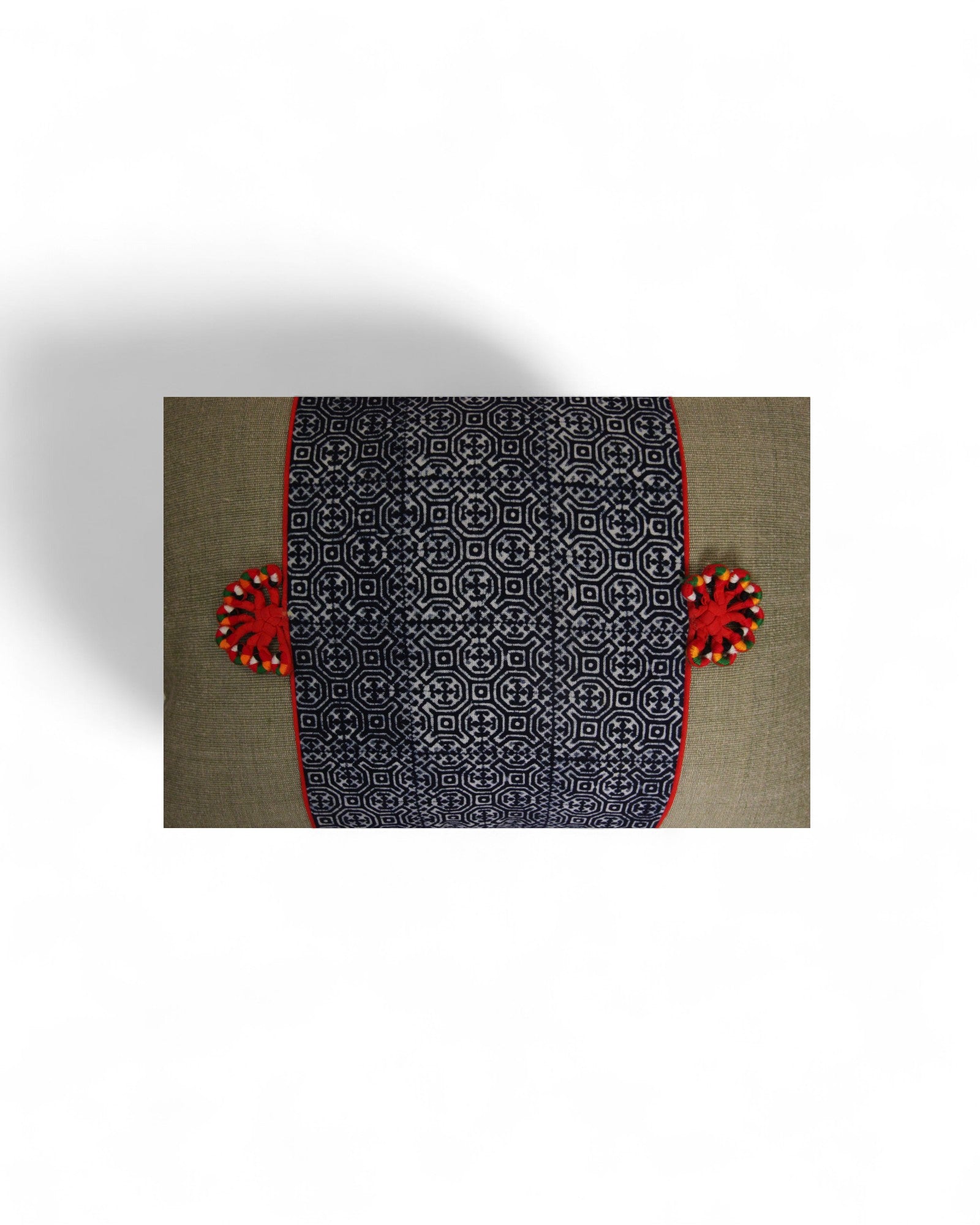 Lumbar Cushion Feat. Indigo Wax Print, Red Embroidered "Flowers" - Green