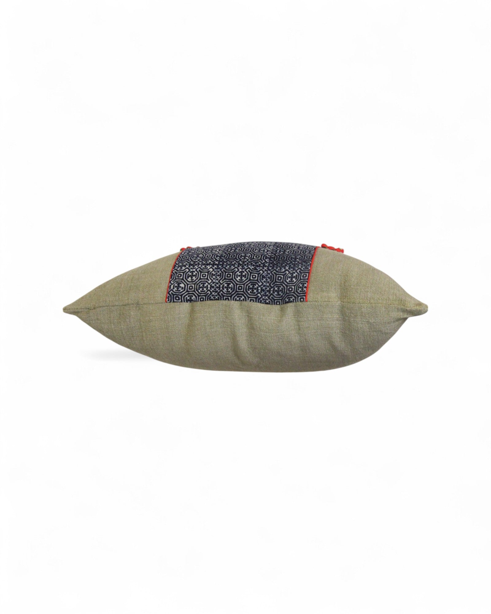 Lumbar Cushion Feat. Indigo Wax Print, Red Embroidered "Flowers" - Green
