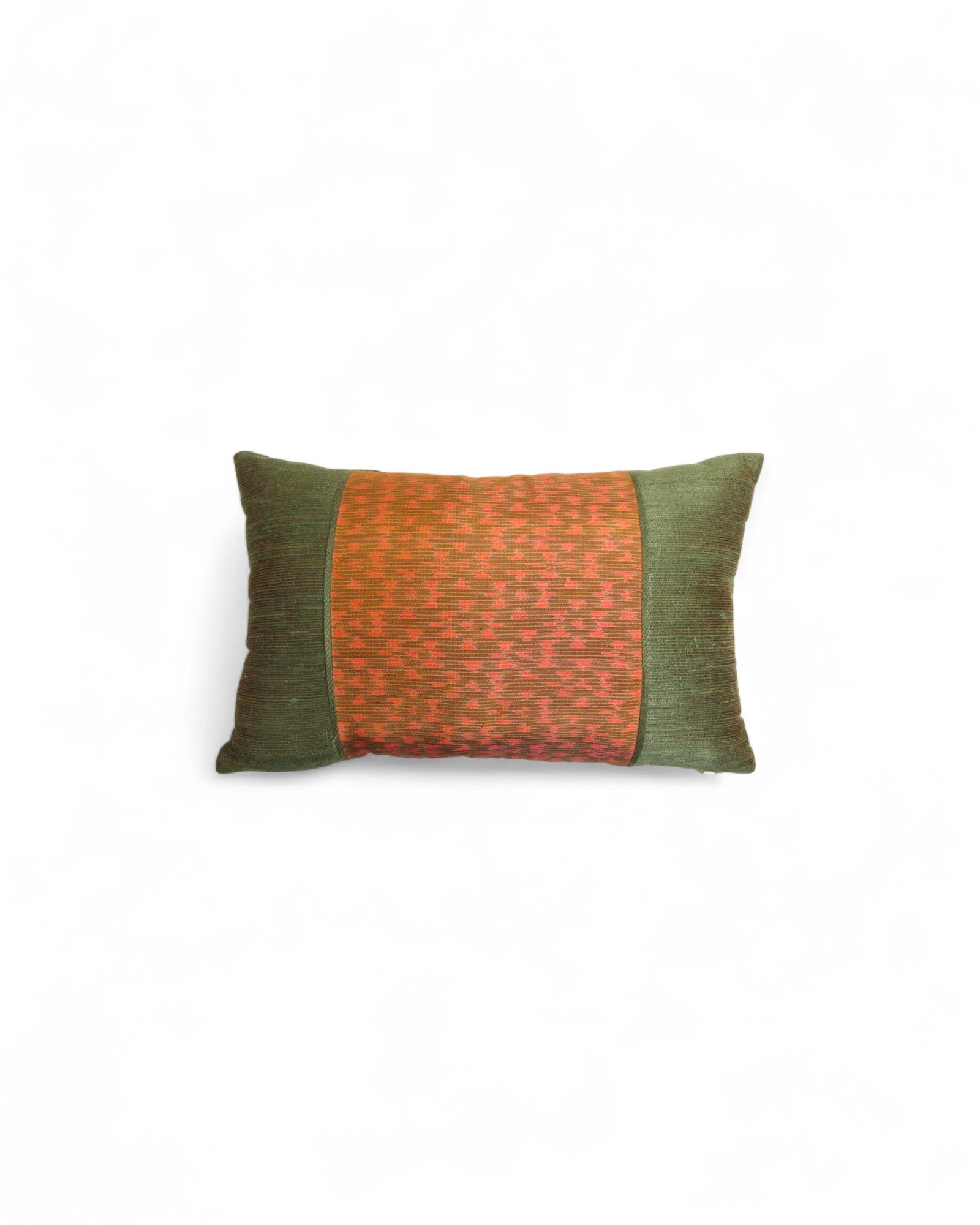Lumbar Cushion in Handwoven Silk & Mudmee Silk Centre - Olive Green & Orange