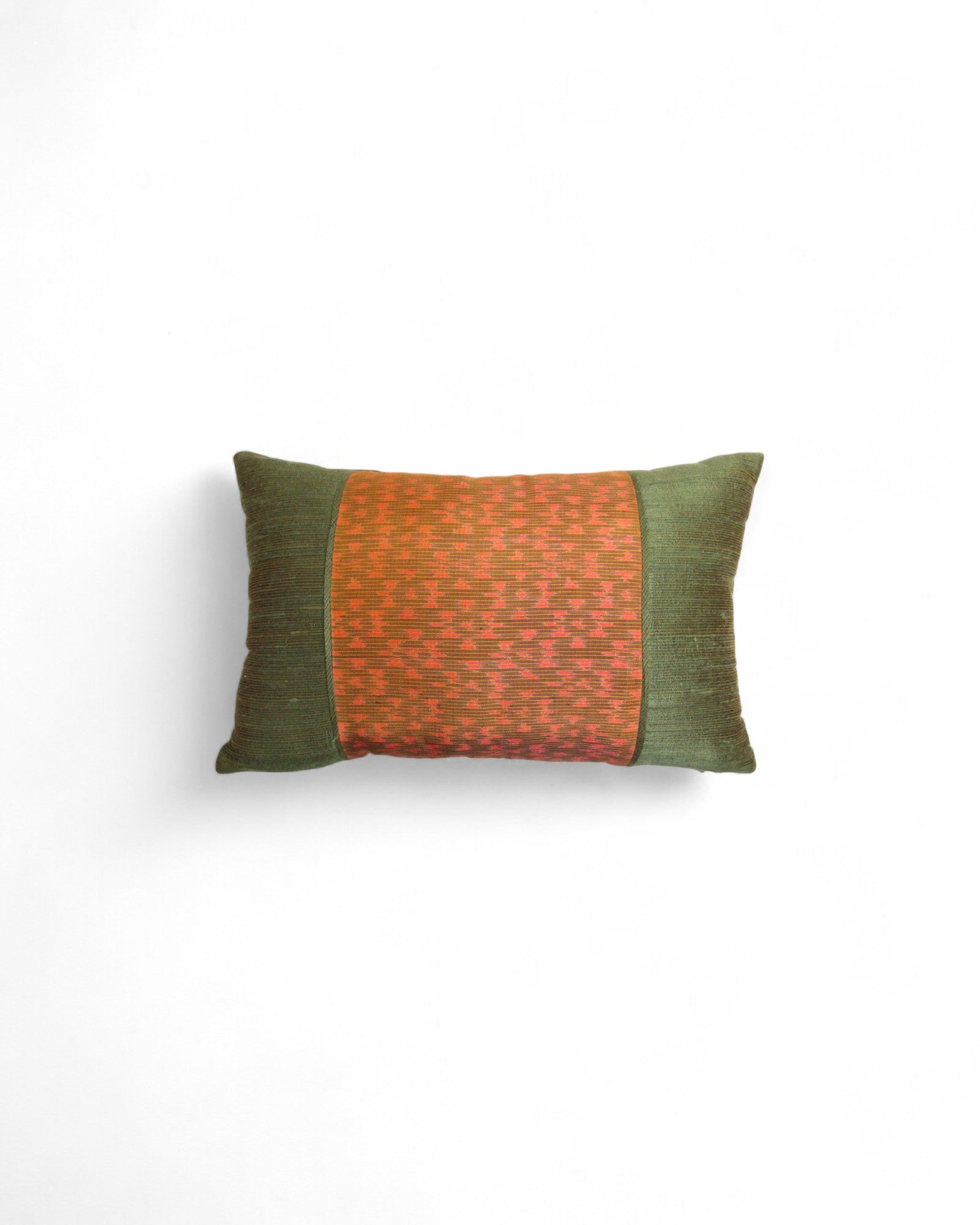 Lumbar Cushion in Handwoven Silk & Mudmee Silk Centre - Olive Green & Orange