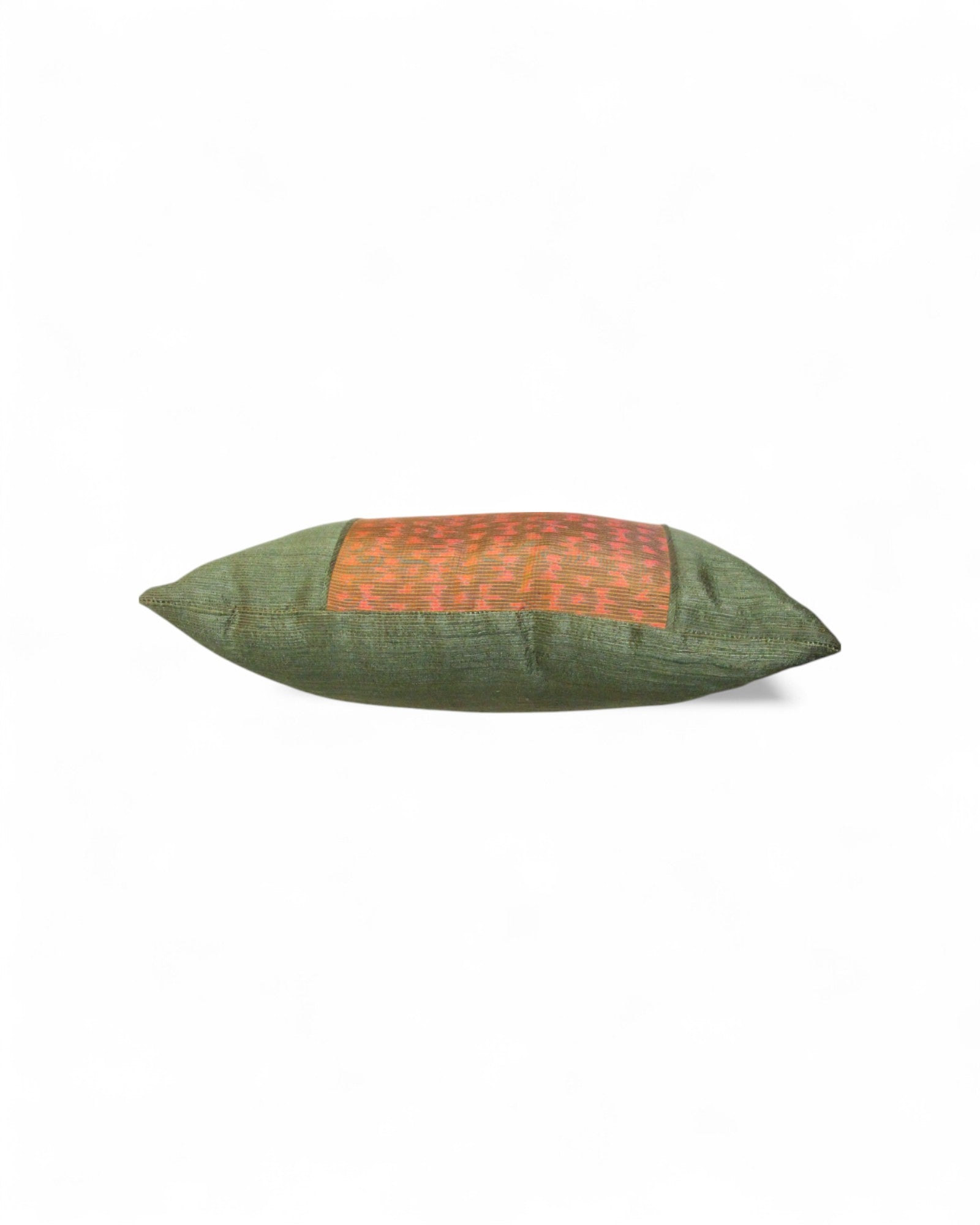 Lumbar Cushion in Handwoven Silk & Mudmee Silk Centre - Olive Green & Orange