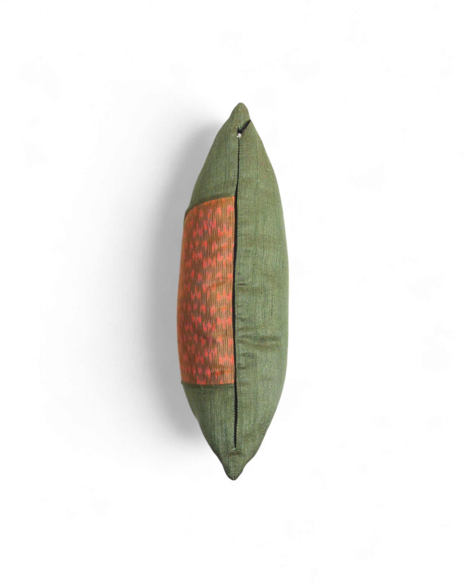 Lumbar Cushion in Handwoven Silk & Mudmee Silk Centre - Olive Green & Orange
